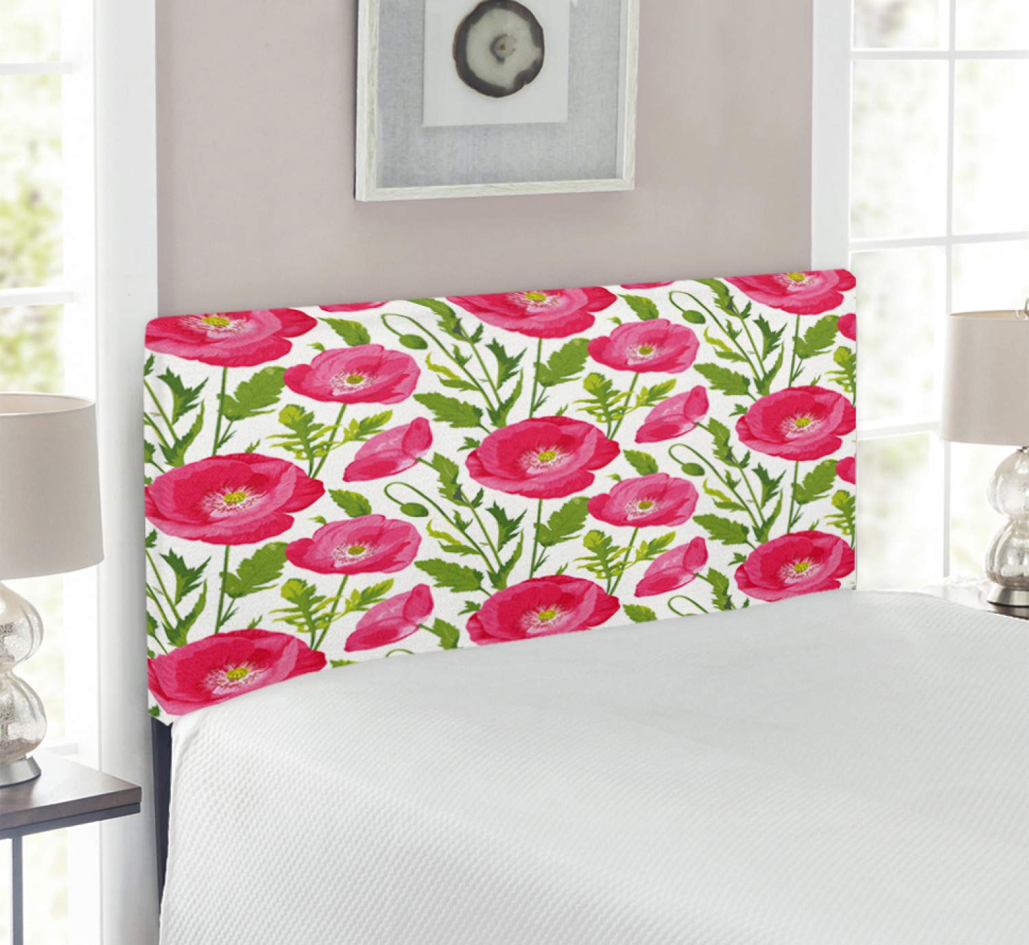 Ambesonne Poppy Flower Headboard - Upholstered Decorative Metal Bed Headboard with Memory Foam | Twin Size | Green Pink Cream Watercolor Leaves & Petals Design | Valentine's Day Gift, Romantic Bedroom Decor for Master Bedroom, Guest Room, Dorm