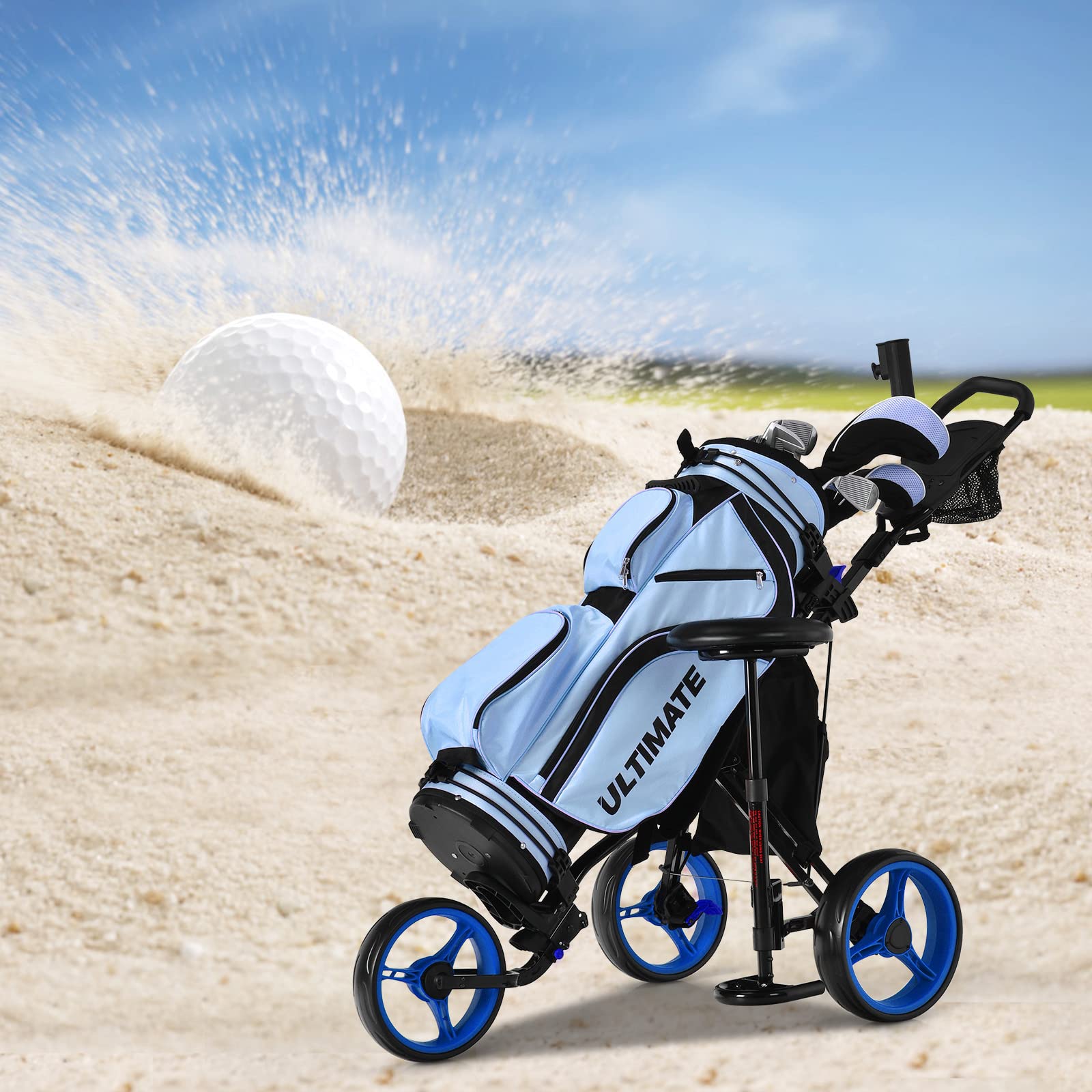 Best 3 Wheel Folding Golf Push Cart - Lightweight Collapsible Golf Trolley with Seat, Foot Brake & Umbrella Holder - Adjustable 4-Position Handle for Golf Clubs - Perfect for Golf Courses & Practice Ranges