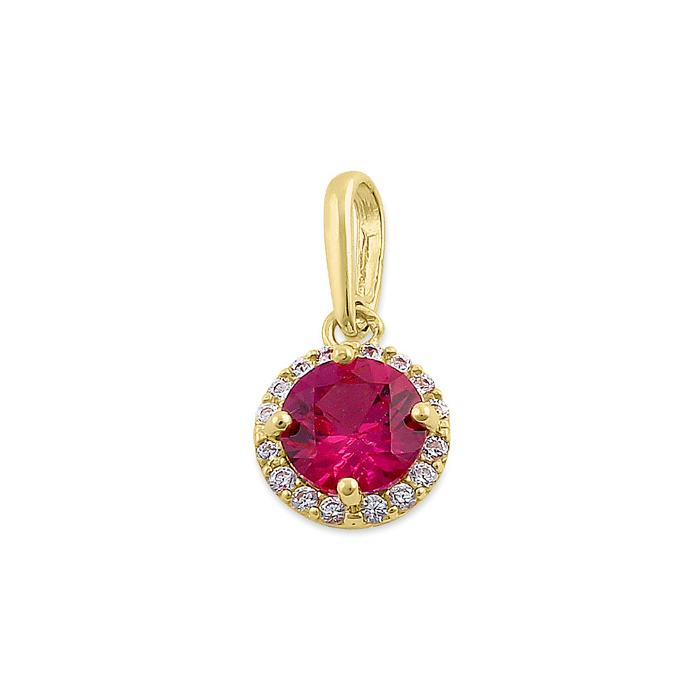 14K Solid Yellow Gold Halo Round Ruby & CZ Pendant Necklace for Women - Elegant Jewelry Gift for Birthday, Anniversary & Valentine's Day