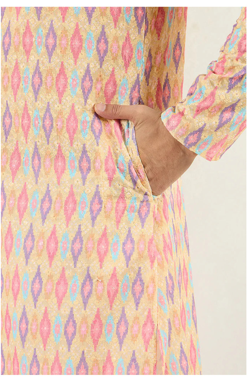 Men's Yellow Abstract Embroidered Chikankari Straight Kurta - Traditional Indian Tunic for Casual Wear & Festive Occasions