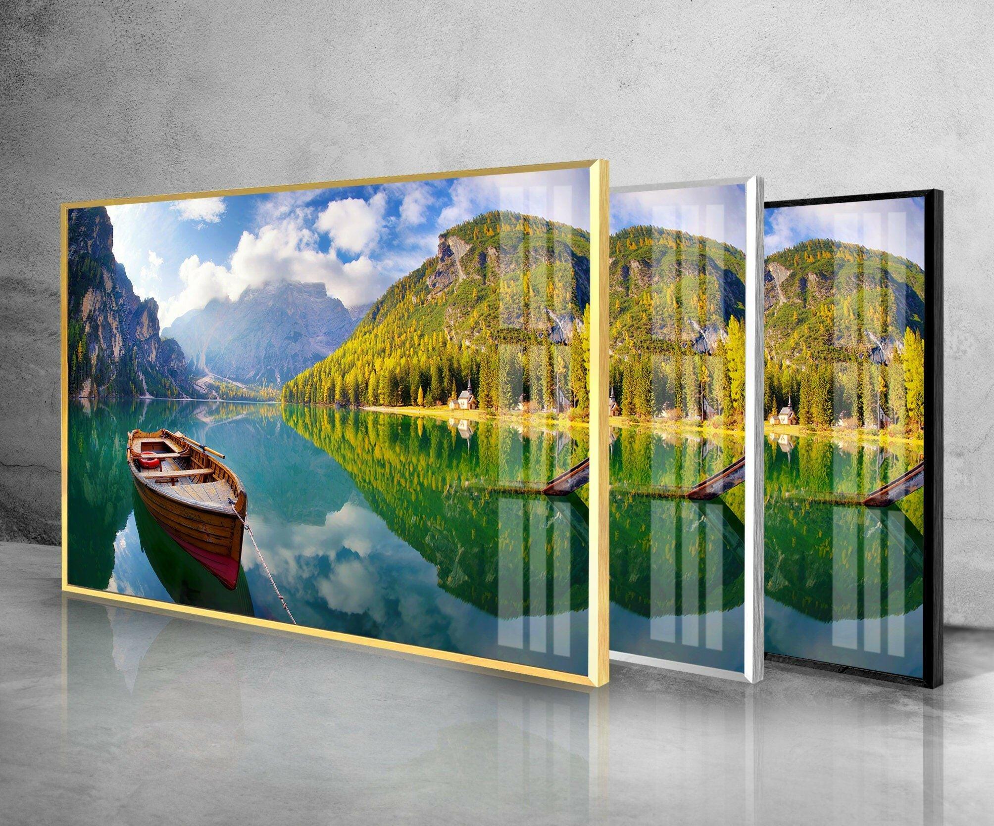 Autumn Boat on Lake Glass Wall Art - Handmade Landscape Painting for Home & Office Decor - Perfect for Living Room, Bedroom, or Office Wall Decor