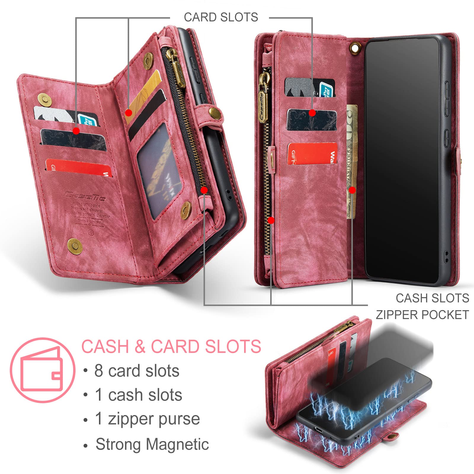 Genuine Leather Magnetic Wallet Case for Samsung Galaxy S22 2022 & S22 Ultra - Detachable Flip Cover with RFID Blocking, Card Slots & Zipper Purse | Perfect for Business, Travel & Everyday Protection (Red)