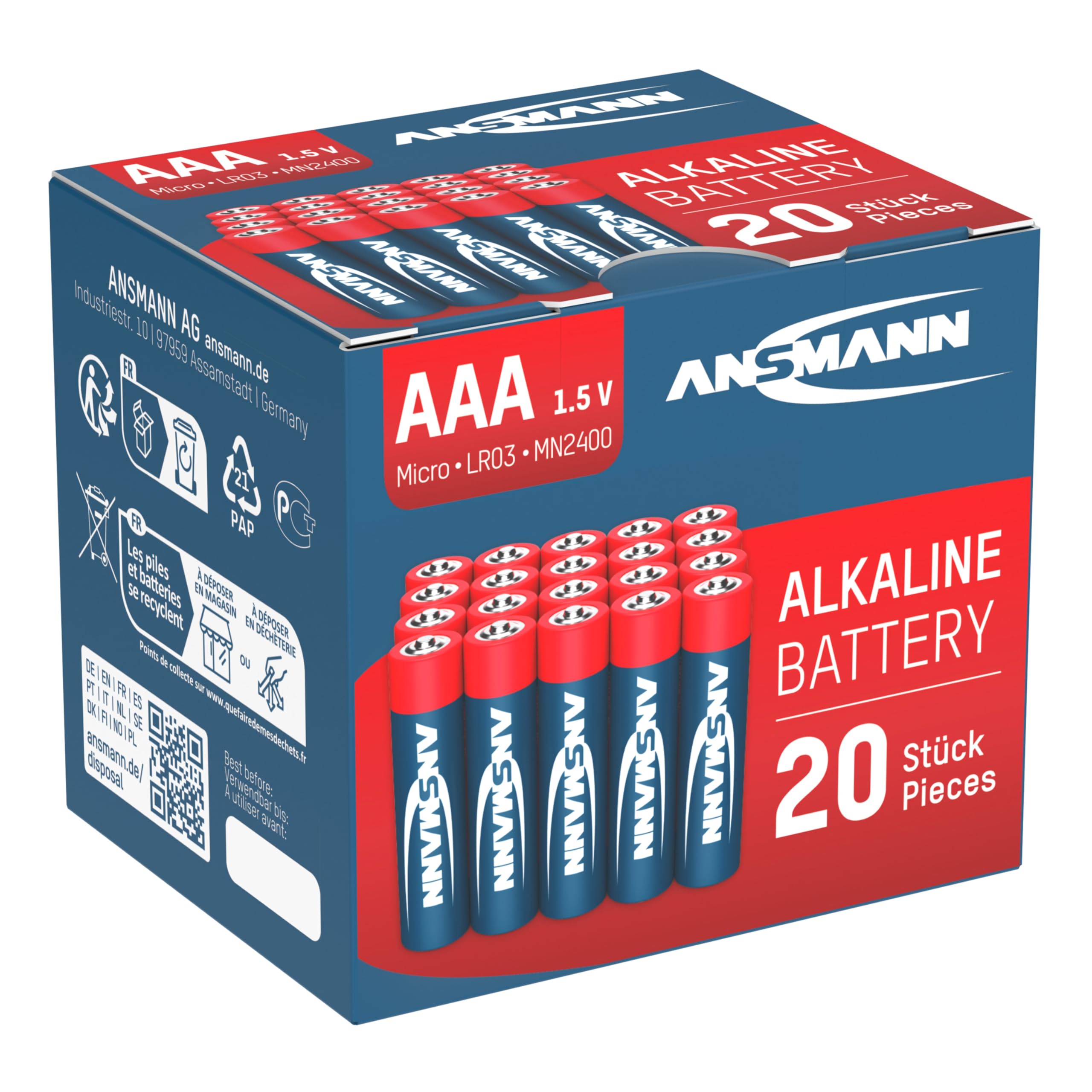 ANSMANN 5015538 AAA Alkaline Batteries (20-Pack) - 1.5V Long-Lasting Disposable Batteries for Cordless Phones, Toys, Cameras, Remotes & Gaming - Ideal for Home, Office & Travel Use
