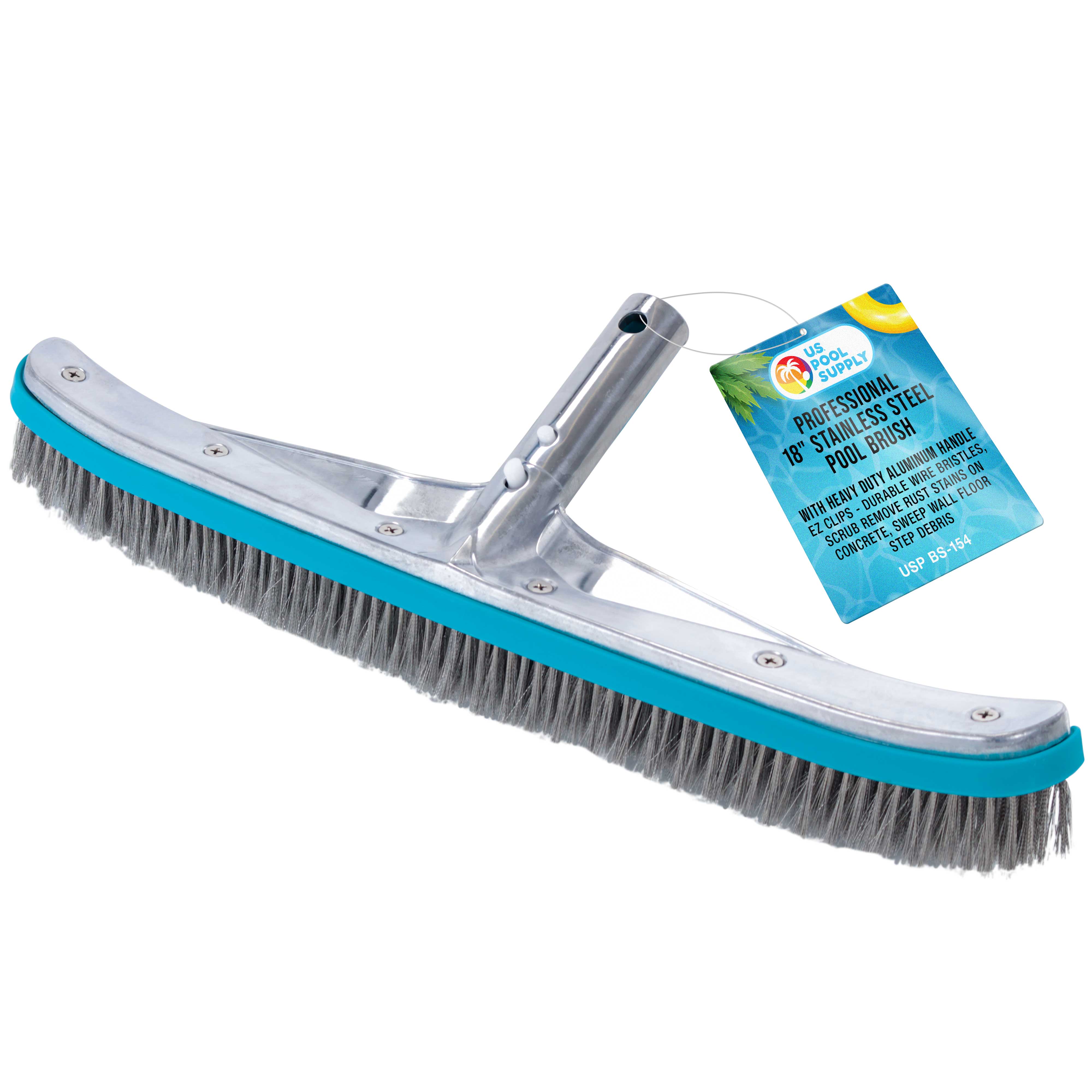U.S. Pool Supply® Professional 18-Inch Stainless Steel Pool Algae Brush with Heavy Duty Aluminum Handle | EZ Clips & Durable Wire Bristles | Scrub & Remove Rust Stains, Debris | Perfect for In-Ground & Above Ground Pools, Spas & Hot Tubs