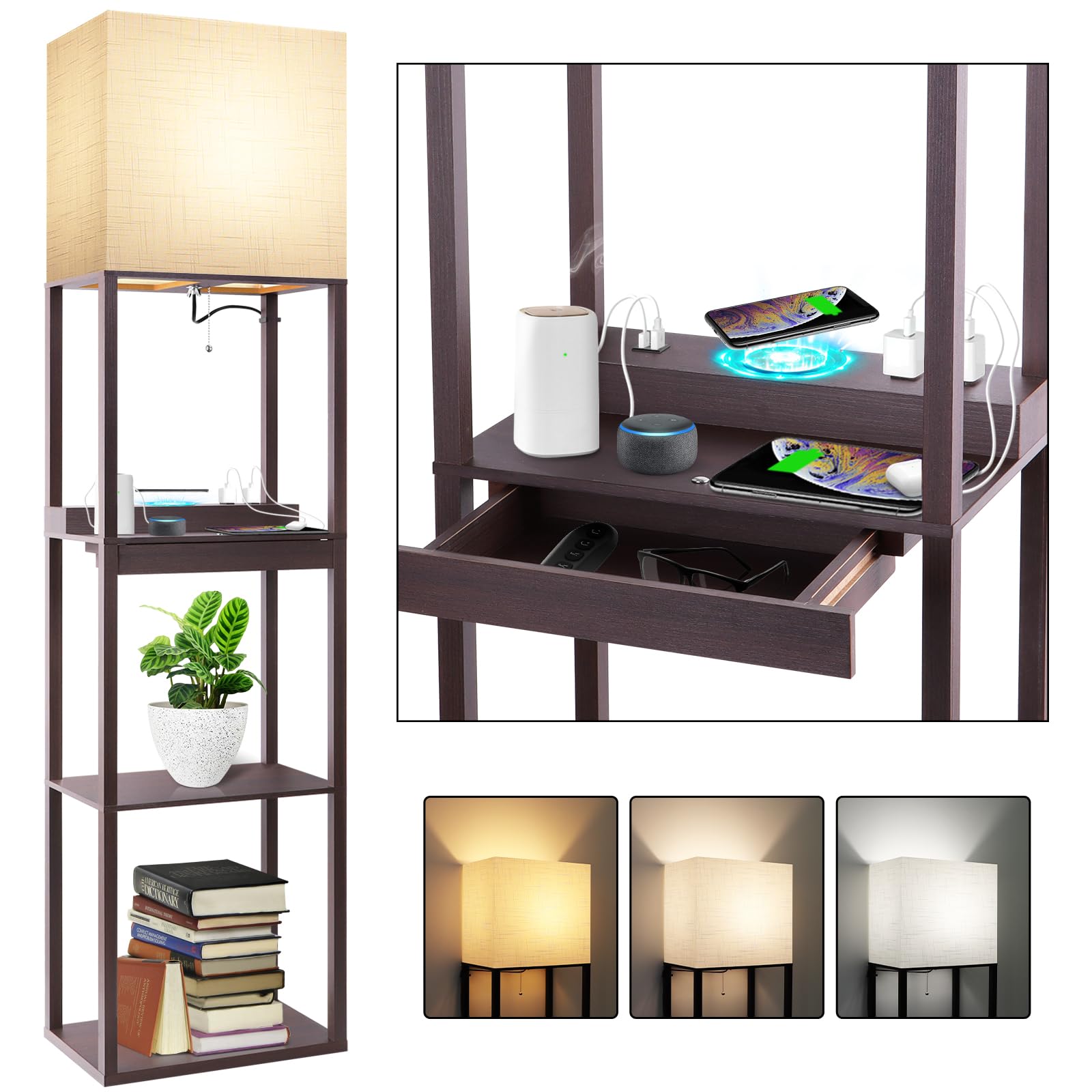 RUNTOP Modern Floor Lamp with Shelves - Wireless Charging Standing Lamp, 1 Drawer, 2 USB Ports & 2 Power Outlets, 15W LED Bulb (3 Color Options), Memory Function - Perfect Shelf Lamp for Living Room, Bedroom, Office or Reading Nook