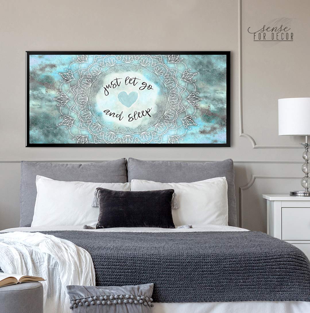 Boho Just Go And Sleep Large Canvas Wall Art - Bohemian Decor for Master Bedroom, Mandala Wall Art Above Bed (Teal & Black Floating Frame 42x19) - Perfect for Home, Office & Meditation Spaces