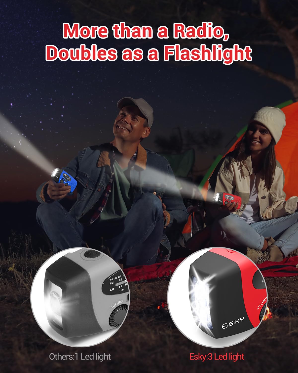 Esky Emergency Hand Crank Radio 7400mWh - AM/FM/NOAA Weather Radio with 3 LED Flashlight, Solar Power & USB Phone Charger - Portable Power Bank for Survival, Camping, Hiking & Emergency SOS Alarm