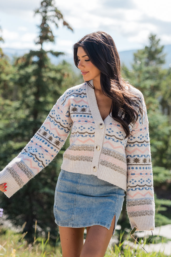 Fair and Square Beige Multi Fair Isle Cardigan for Women - Cozy Knit Sweater with Nordic Pattern - Perfect for Winter, Christmas & Holiday Outfits