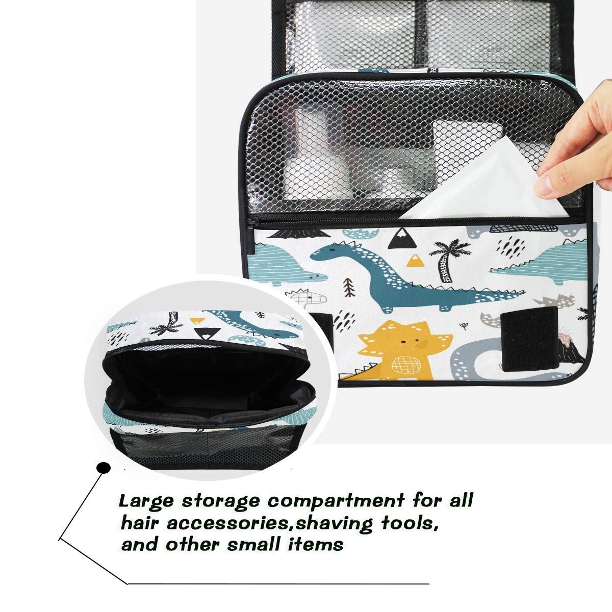 Waterproof Hanging Toiletry Bag for Travel - Palm Tree Dinosaur Design Cosmetic Organizer Pouch for Women, Girls & Kids | Perfect for Showers, Beach Trips & Vacation Gifts