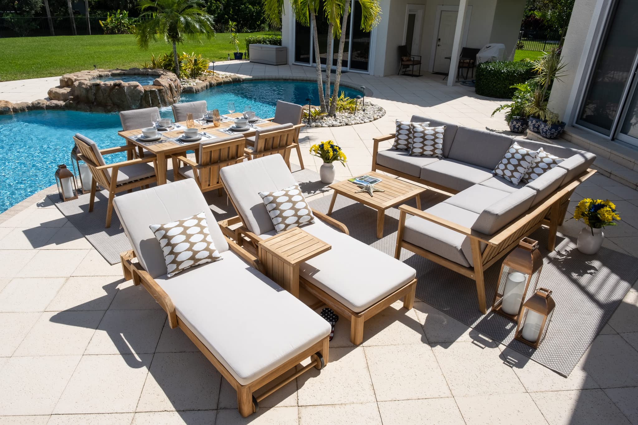 Laguna 14-Piece Eucalyptus Wood Outdoor Patio Furniture Set - Sectional, Dining Table, Chaise Lounge for Backyard, Poolside, and Garden Relaxation