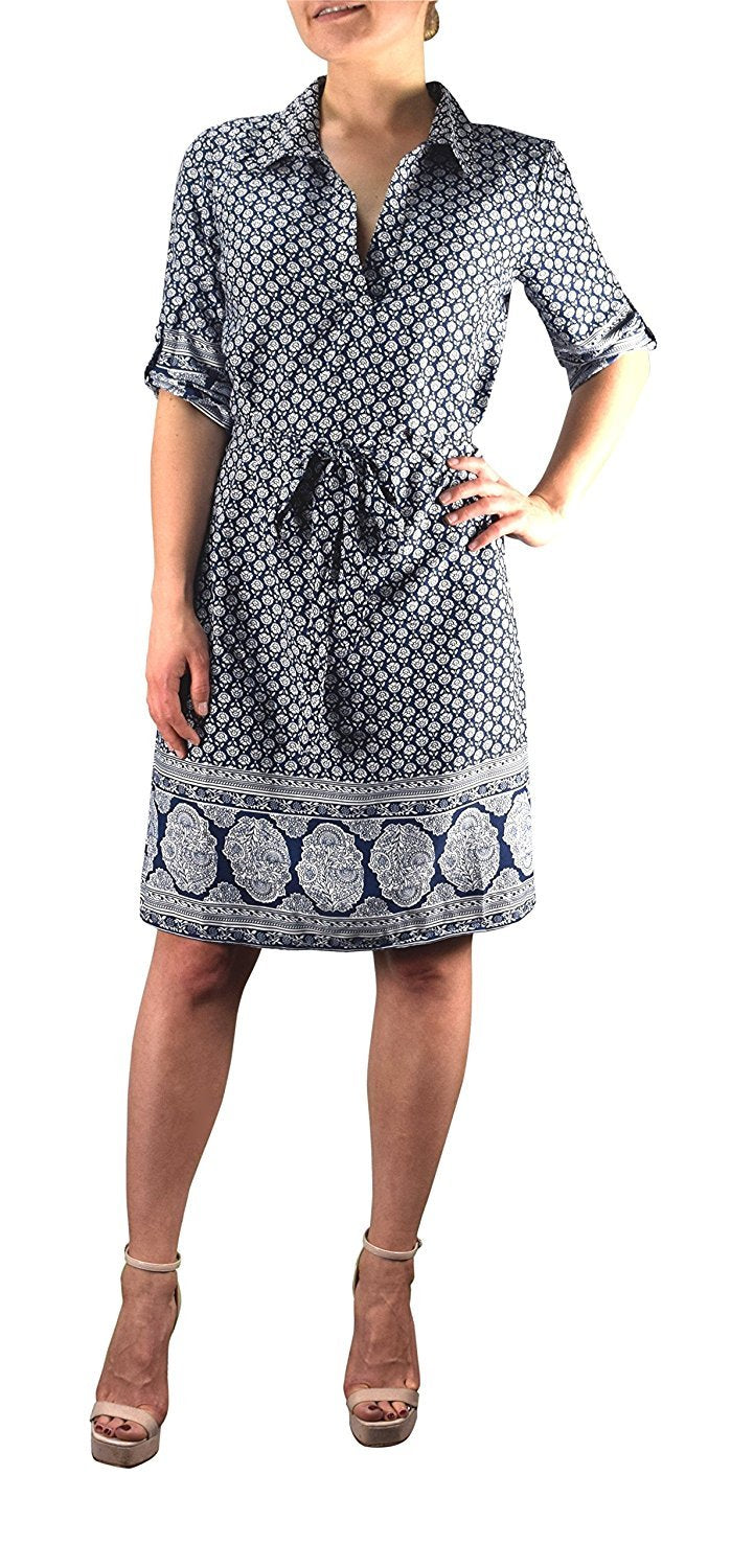 Women's Summer Casual V-Neck 3/4 Sleeve Tie Waist Shift Dress - Perfect for Beach Vacations, Brunch Dates & Office Wear