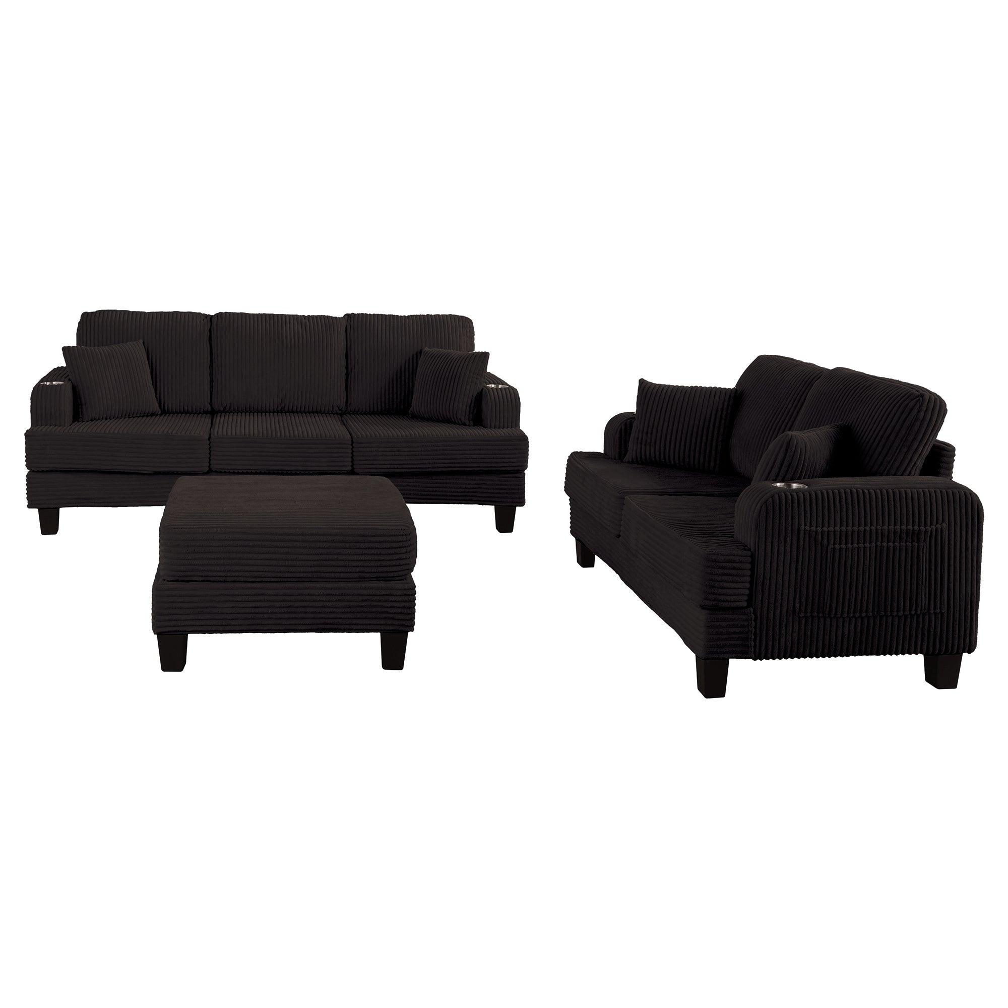 3-Piece Black Sofa Set with Storage Ottoman - Comfy 3-Seater Couch & Loveseat for Living Room | Includes USB Ports, Side Pockets & Throw Pillows | Perfect for Family Gatherings, Movie Nights & Small Space Living