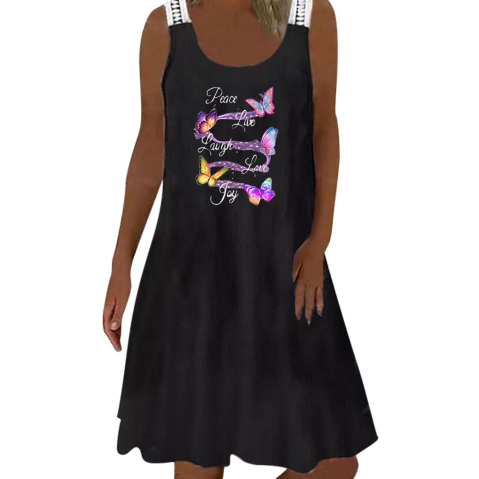 Women's Black Cotton Casual Dress with Floral Print - O-Neck Sleeveless Spring & Evening Wear for Women | Perfect for Date Nights, Parties & Summer Outfits