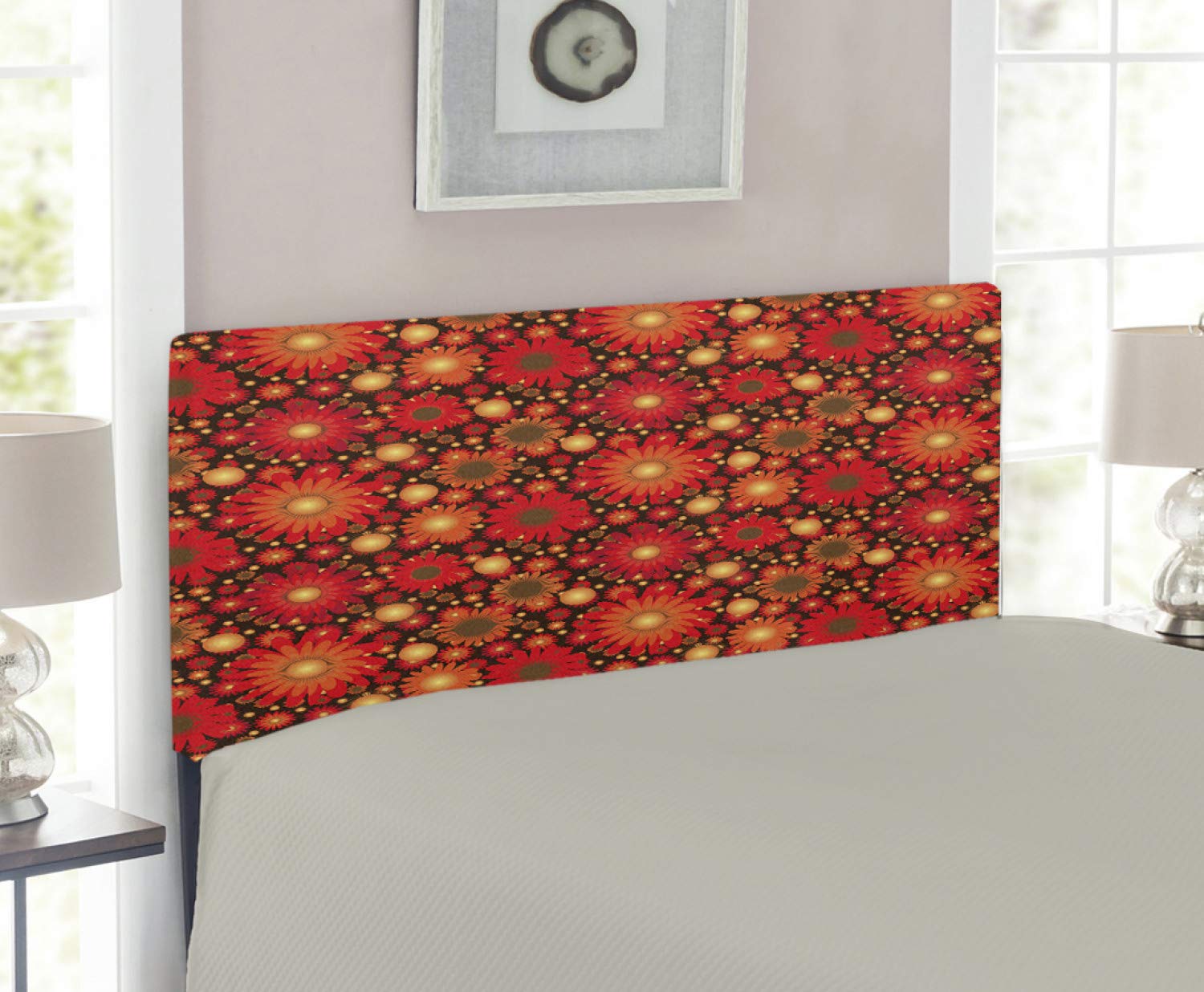 Ambesonne Floral Upholstered Headboard with Memory Foam - Twin Size Dark Green Vermilion Botanical Design Featuring Vivid Gerbera Daisies | Perfect for Bedroom Decor, Guest Rooms & Cozy Home Makeovers