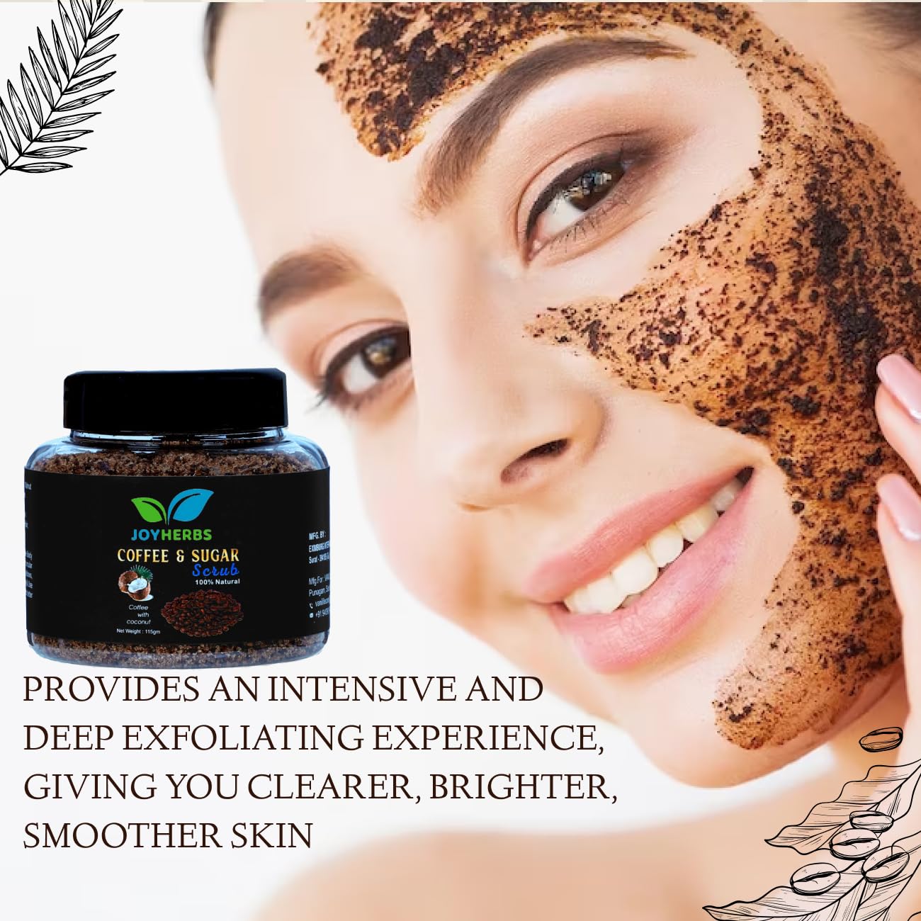 JOYHERBS Coffee Sugar Body Scrub with Coconut Oil, Walnut & Rock Salt - Exfoliating & Detanning Scrub for Soft, Smooth & Glowing Skin - 100% Vegan, Paraben-Free (115g) - Perfect for Spa Day, Self-Care Routine & Gift Giving