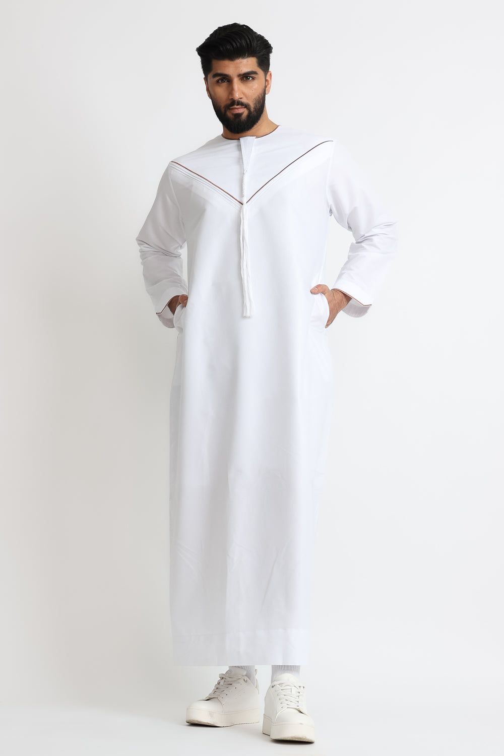 J101 White/Bronze Pleated Emirati Thobe - Traditional Arabic Robe for Men - Perfect for Eid, Weddings & Special Occasions