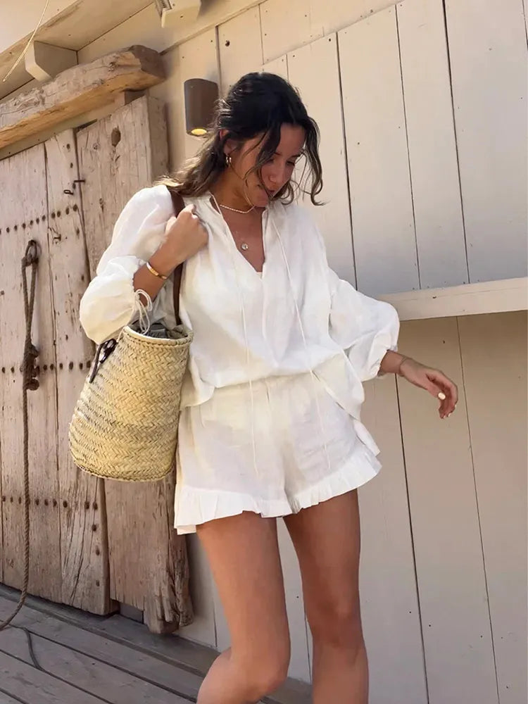 Women's Fashion Summer Cotton Linen 2-Piece Set - Loose Ruffle Shorts & Long Sleeve Drawstring Pullover Top | Casual Beach Outfit for Vacation, Travel & Outdoor Activities