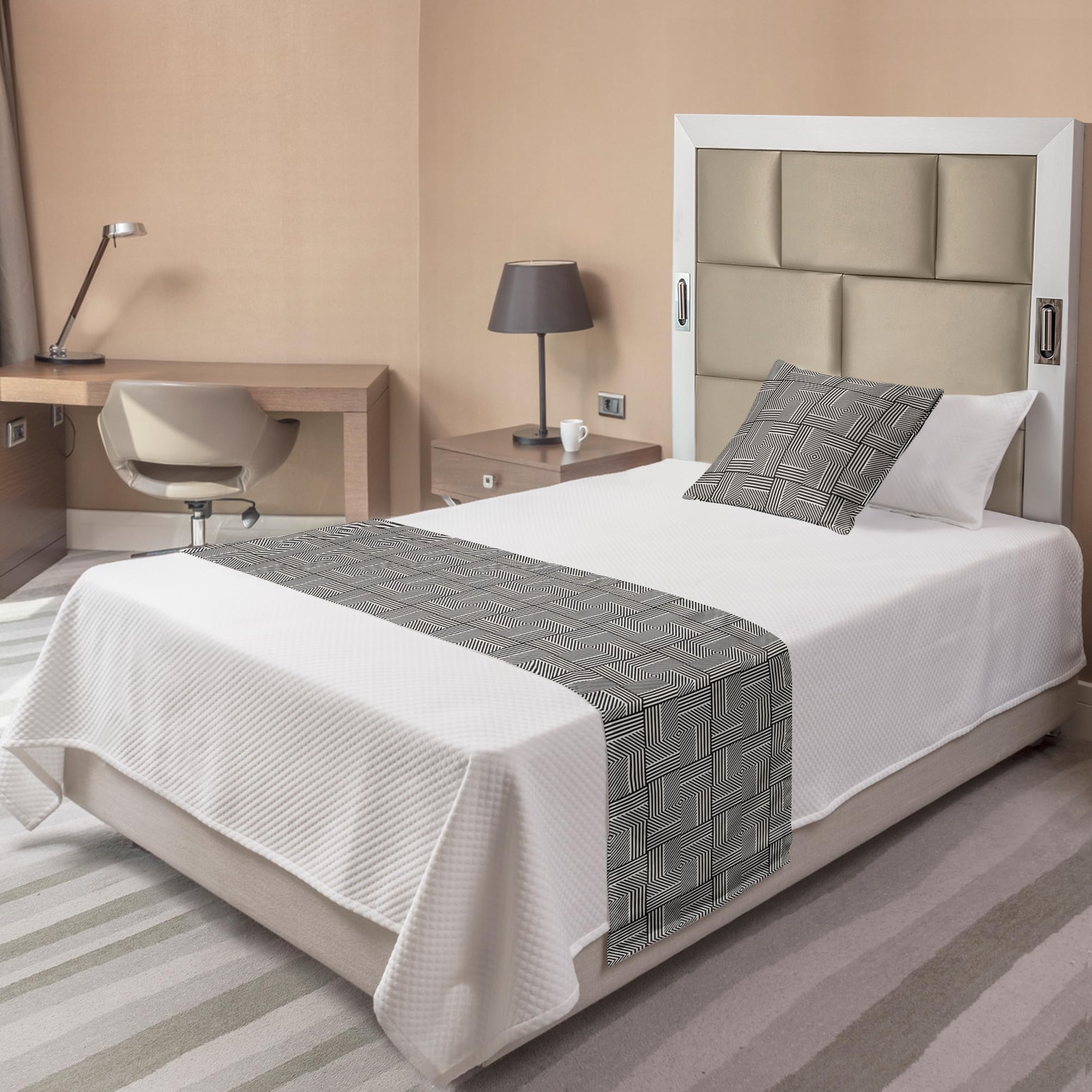 Ambesonne Abstract Bed Runner Set - Minimalist Geometric Tiles Square Frames Design - Decorative Bed Scarf & Pillow Sham for Hotels & Homes - Twin Size Charcoal Grey - Perfect for Modern Bedroom Decor & Guest Room Styling