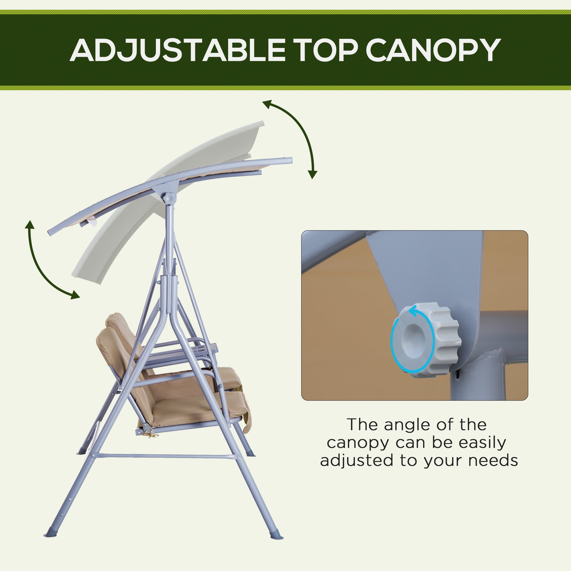 2 Person Porch Swing with Stand - Outdoor Canopy Swing Chair with Pivot Storage Table & 2 Cup Holders - Beige Patio Swing with Cushions for Backyard, Garden, Deck Relaxation