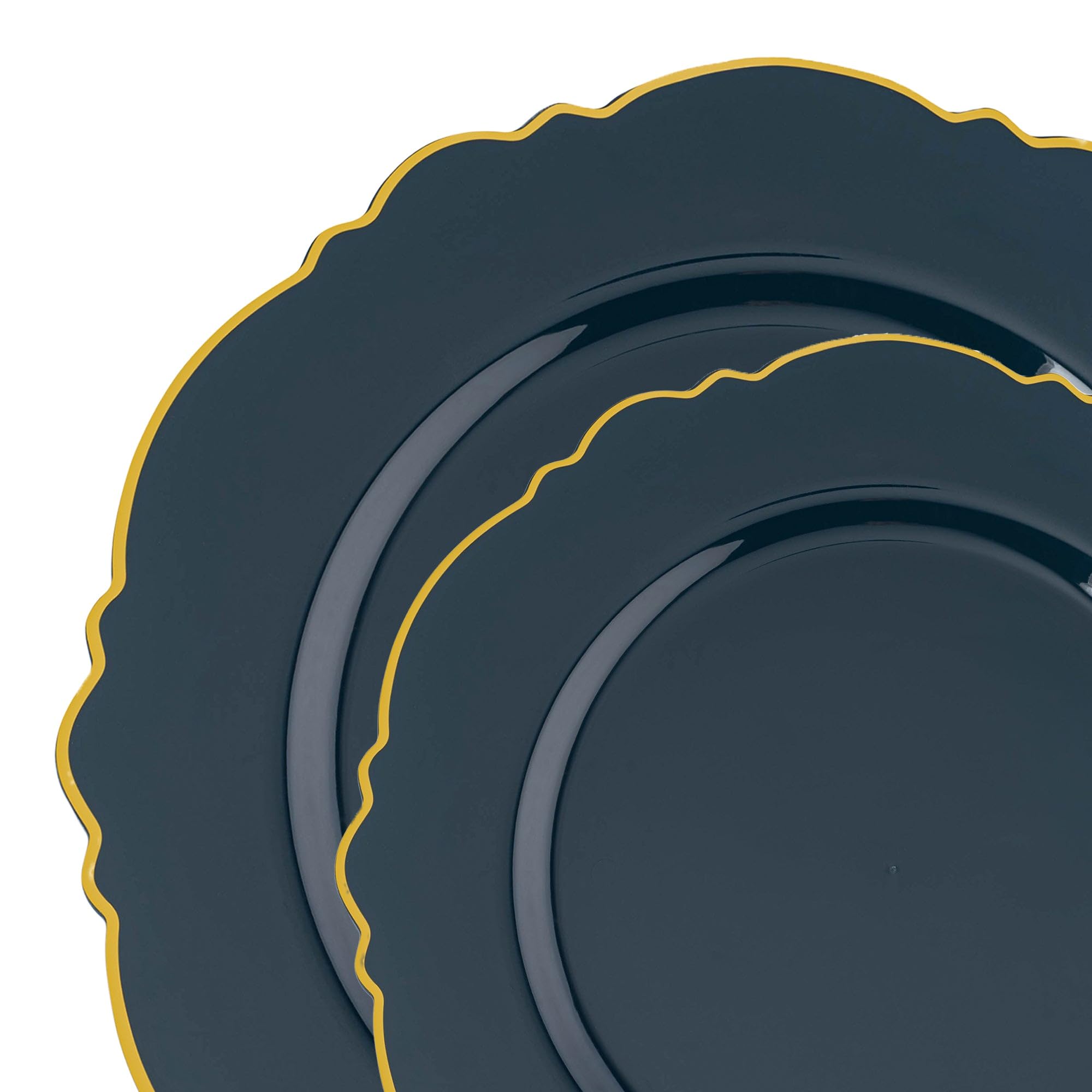 Elegant Disposable Plastic Dinnerware Sets for Weddings & Parties - Heavy Duty Blossom Rim Design Plates (Navy & Gold, 120-Piece Combo Set) | Perfect for Wedding Receptions, Birthday Celebrations & Special Events