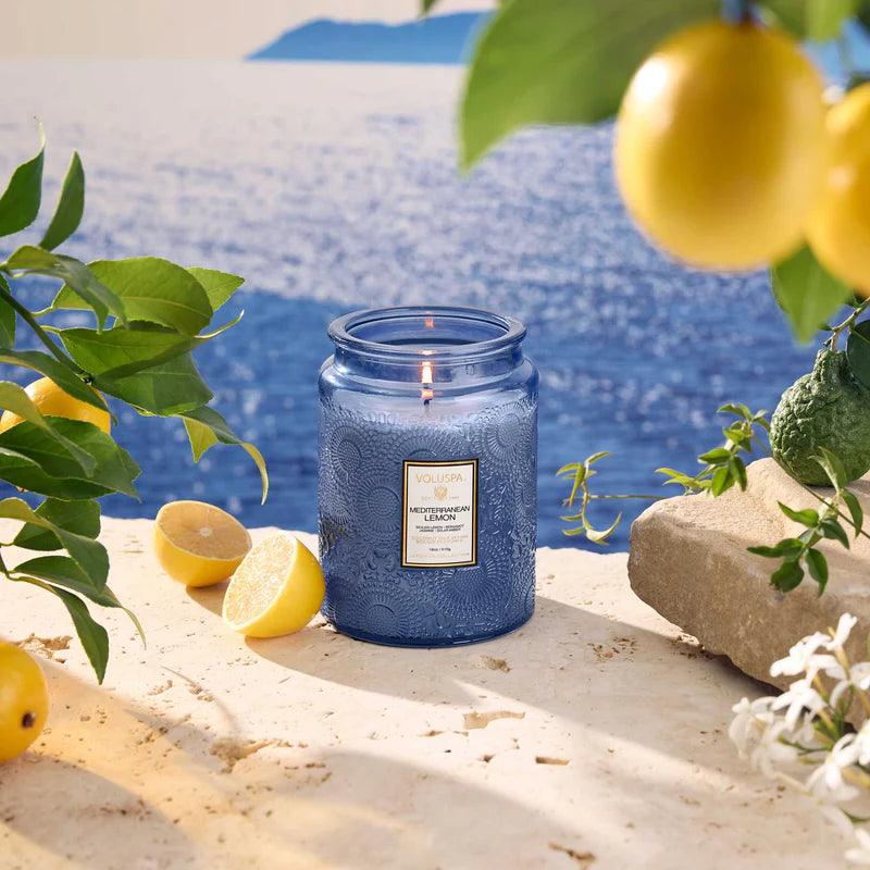 Large Mediterranean Lemon Scented Jar Candle - Long Lasting Aromatherapy for Home, Spa & Relaxation