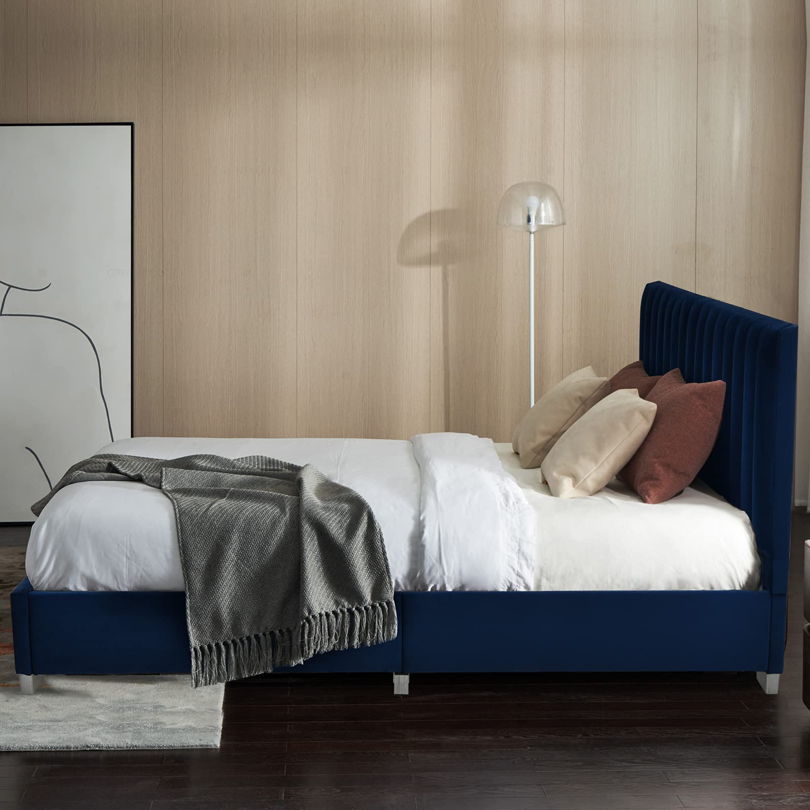 Giantex Full Size Bed Frame with Headboard - Vertical Tufted Upholstered Platform Bed with Heavy Duty Wood Slats Support | No Box Spring Needed | Easy Assembly | Navy Blue | Perfect for Modern Bedrooms, Guest Rooms & Small Spaces