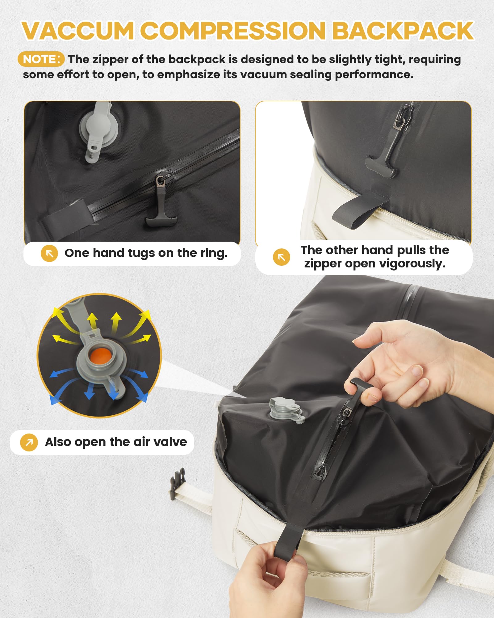 BOXSAM Large Vacuum Travel Backpack with Pump - 18x14x8 Inch Flight Approved Carry-On Backpack for Women & Men, Waterproof Laptop Daypack with Compression Bags - Perfect for Air Travel, Work Commute & Casual Outings (Beige)