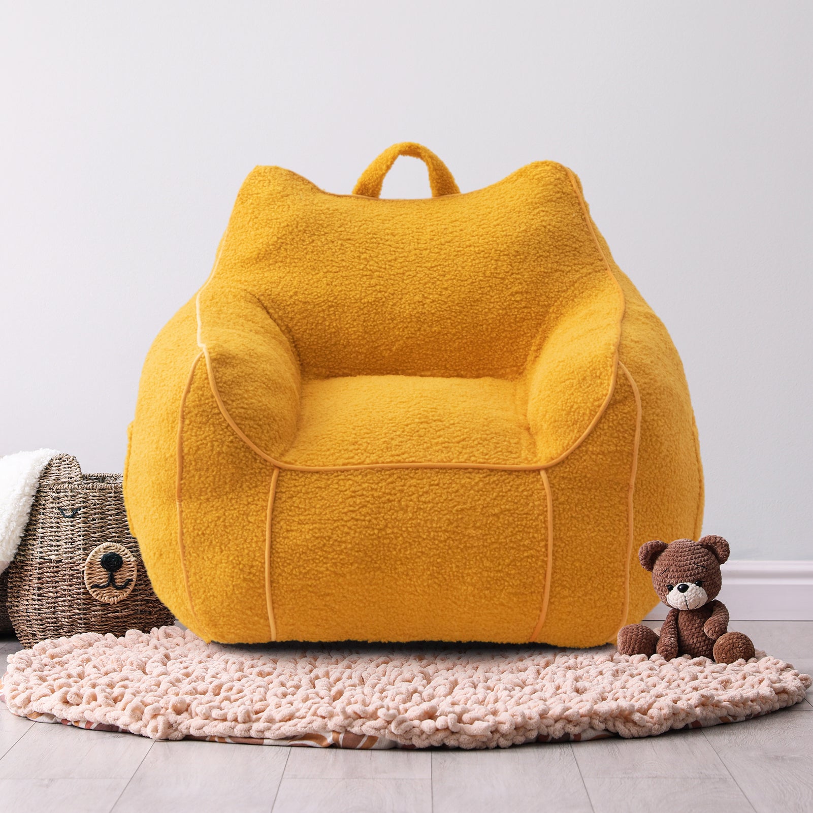 MAXYOYO Kids Sherpa Bean Bag Chair & Couch - Soft Plush Comfort with Decorative Edges for Children's Room, Nursery, Playroom (Lemon Yellow) - Perfect for Reading, Gaming & Relaxing