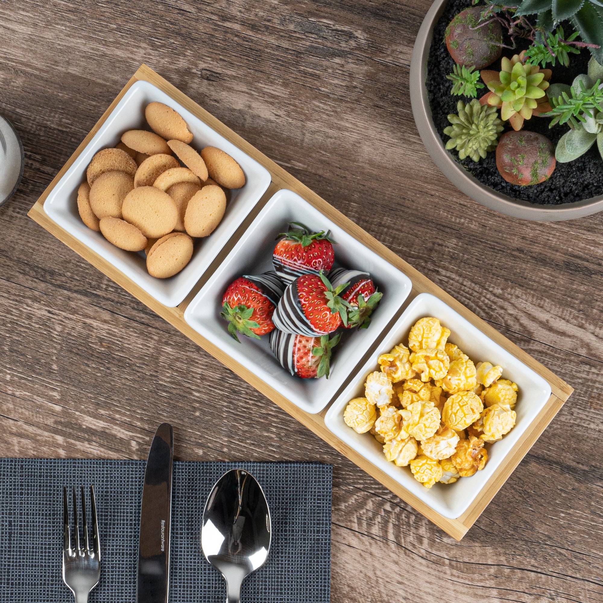 Premium 6 oz White Porcelain Modern Bowl Set with Bamboo Tray - 3 Rectangle Bowls (11.75