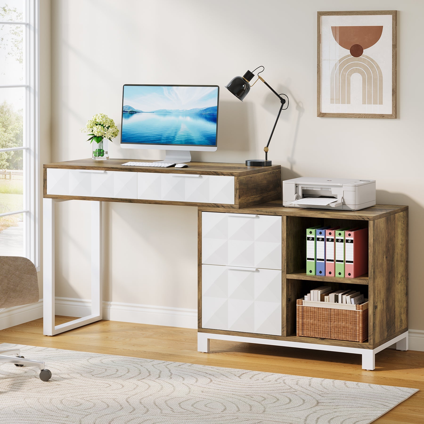 4-Drawer Computer Desk with File Cabinet - Reversible Office Desk for Home & Workspace - Perfect for Small Spaces, Gaming, and Remote Work