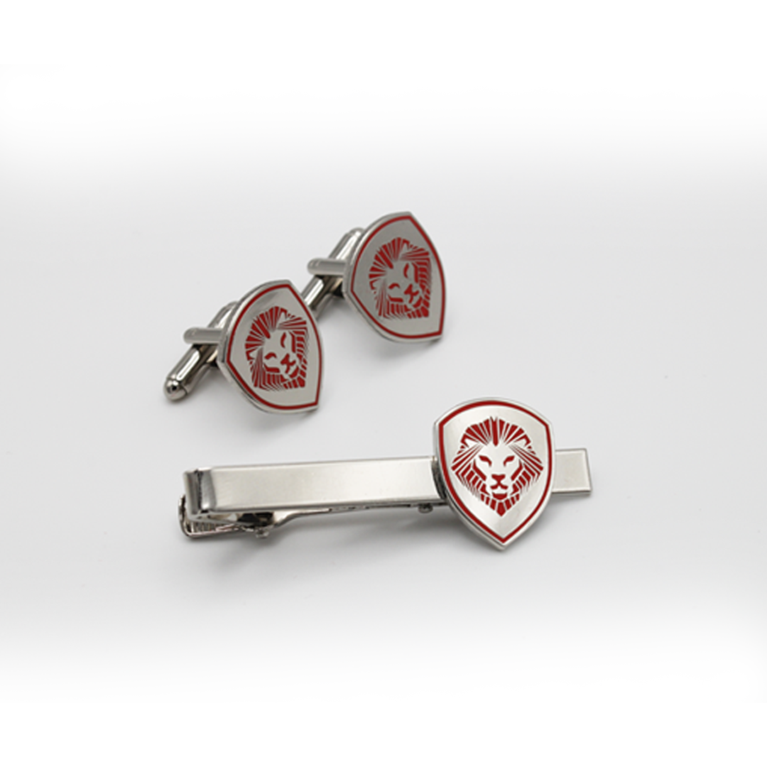 Lion Shield Valuetainment Red & Silver Cufflink & Tie Bar Set for Men - Premium Dress Accessories for Business, Weddings & Formal Events