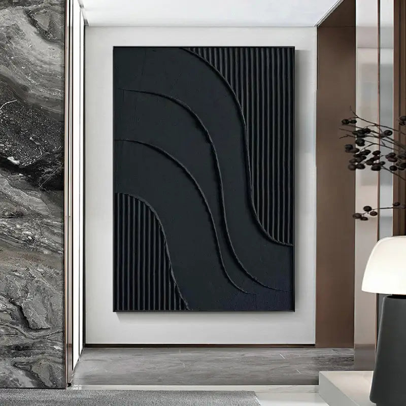 Black Plaster Art Minimalist Textured Painting - Modern Abstract Wall Decor for Living Room, Bedroom & Office | Unique Home Artwork #MZ007