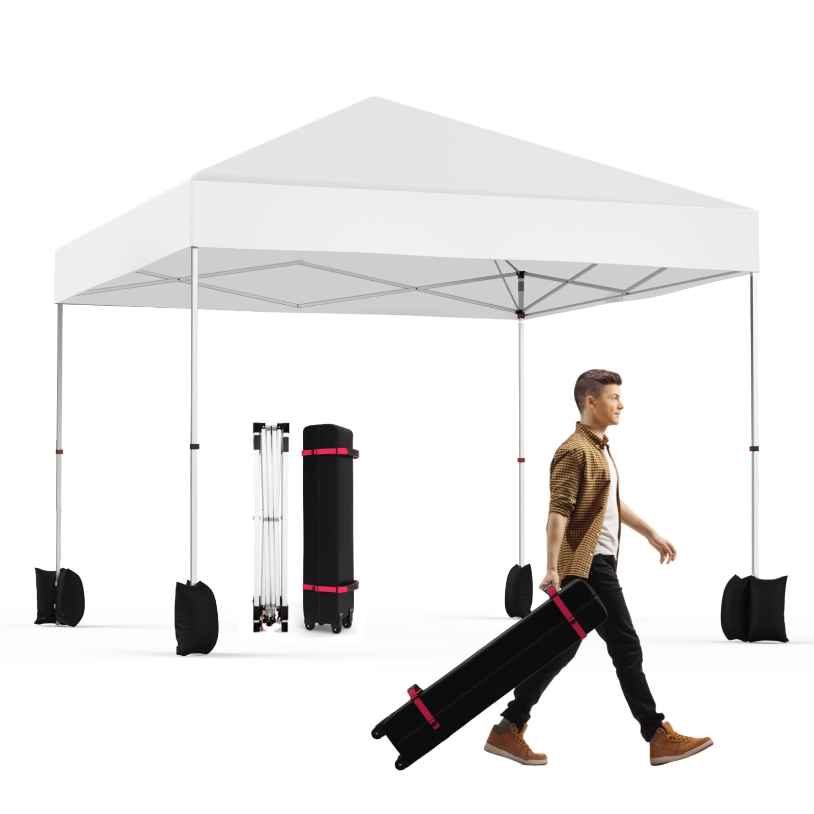 10x10ft Pop Up Canopy Tent - Easy 1-Person Setup Instant Shelter with Roller Bag | Includes 4 Weight Bags, 4 Ropes & 8 Stakes | Perfect for Beach Parties, Camping, Outdoor Events & Commercial Use - White