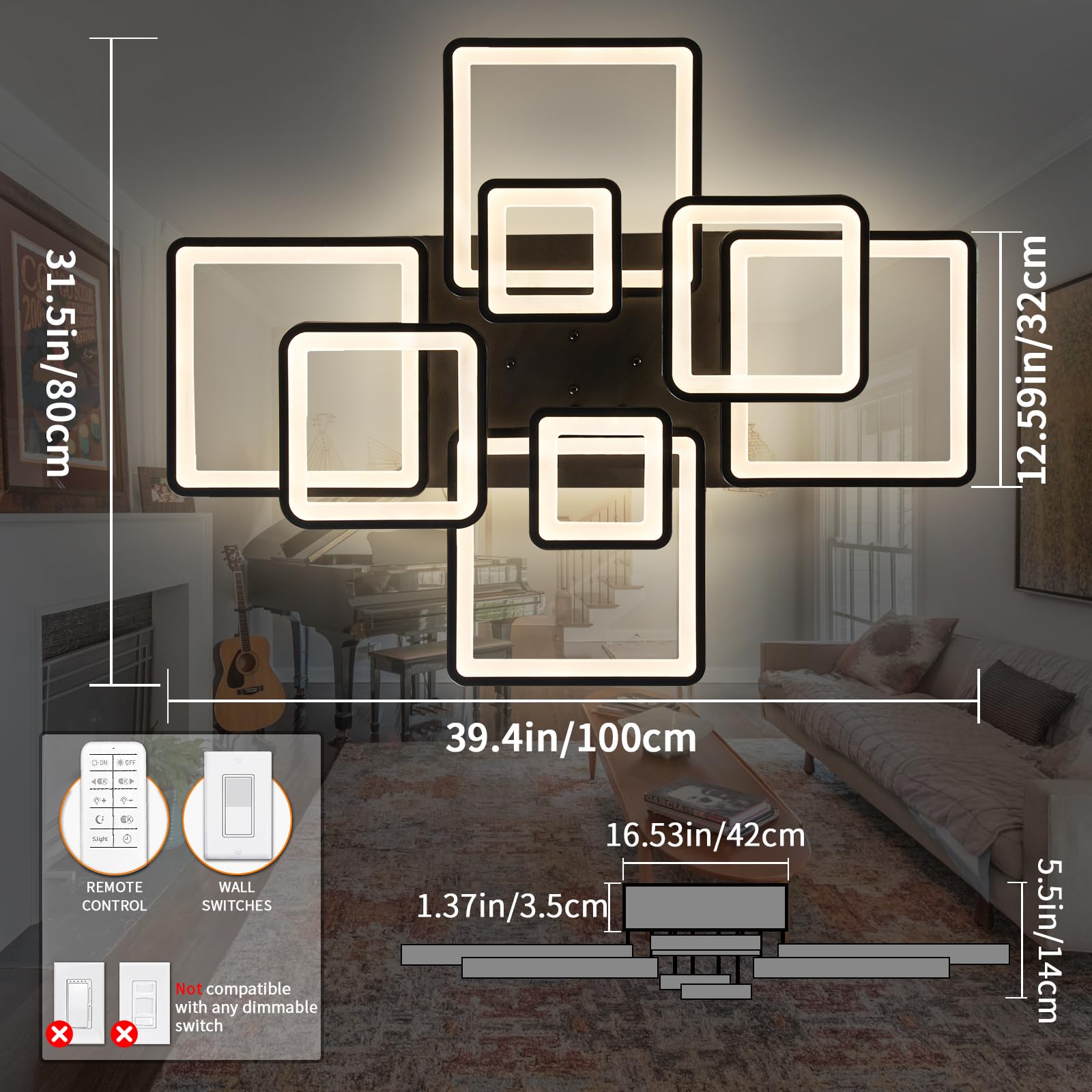 Modern Dimmable LED Ceiling Light with Remote Control - Black Flush Mount Chandelier, Acrylic Ring Fixture for Living Room, Dining Room, Bedroom - Energy Efficient Lighting Solution for Home Decor (8H-FANG-BL-04) | Perfect for Modern Interiors, Apartments and Office Spaces