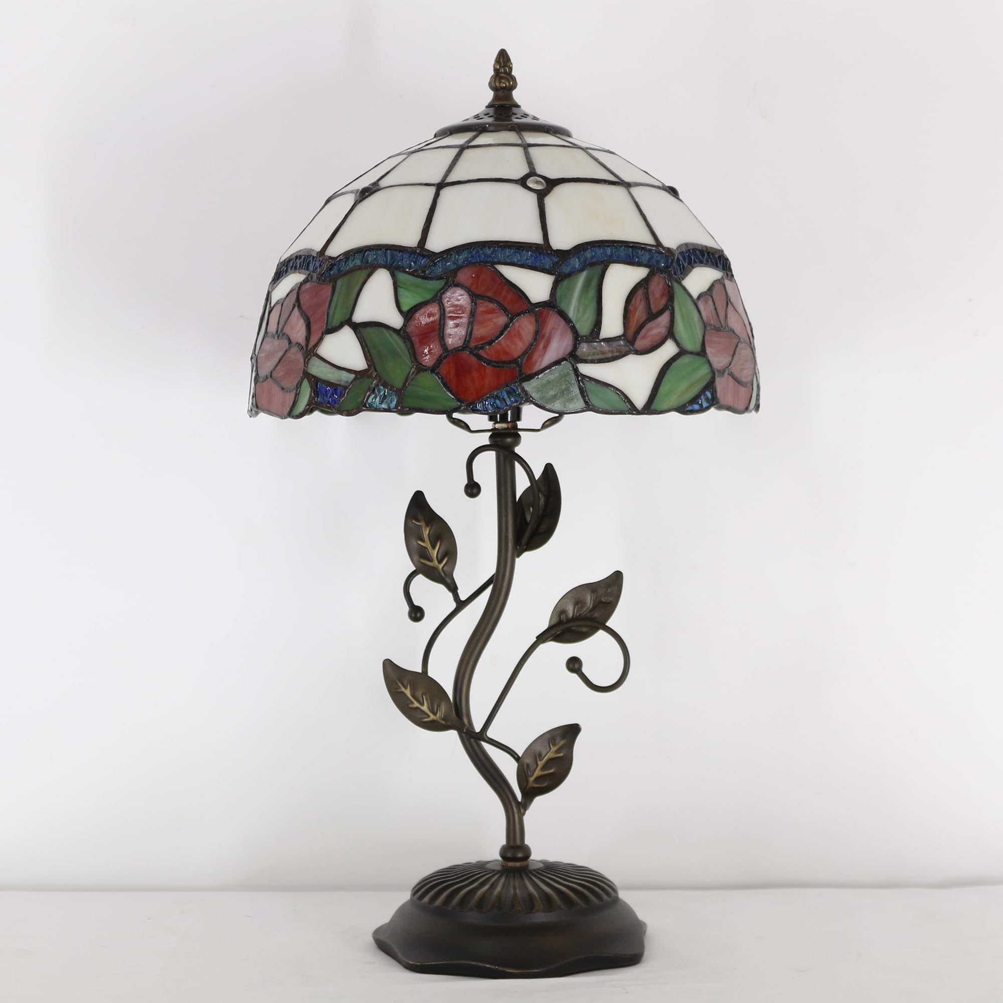 Tiffany Style Stained Glass Table Lamp with Metal Leaf Base - 12