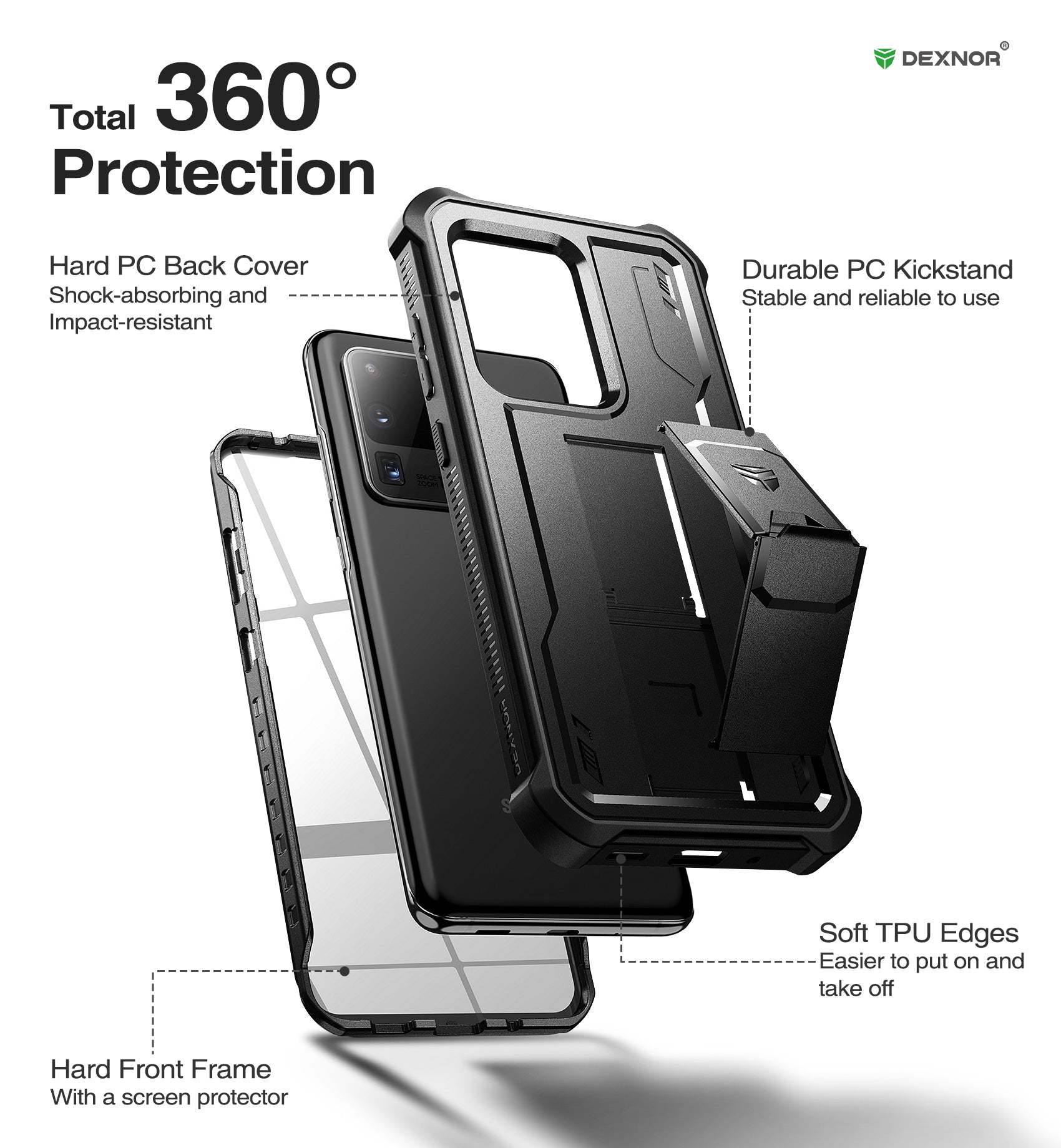 Durable Dexnor Shockproof Rugged Case for Samsung Galaxy S20 Ultra with Built-in Kickstand & Screen Protector - Heavy Duty Protection for Outdoor, Work & Travel