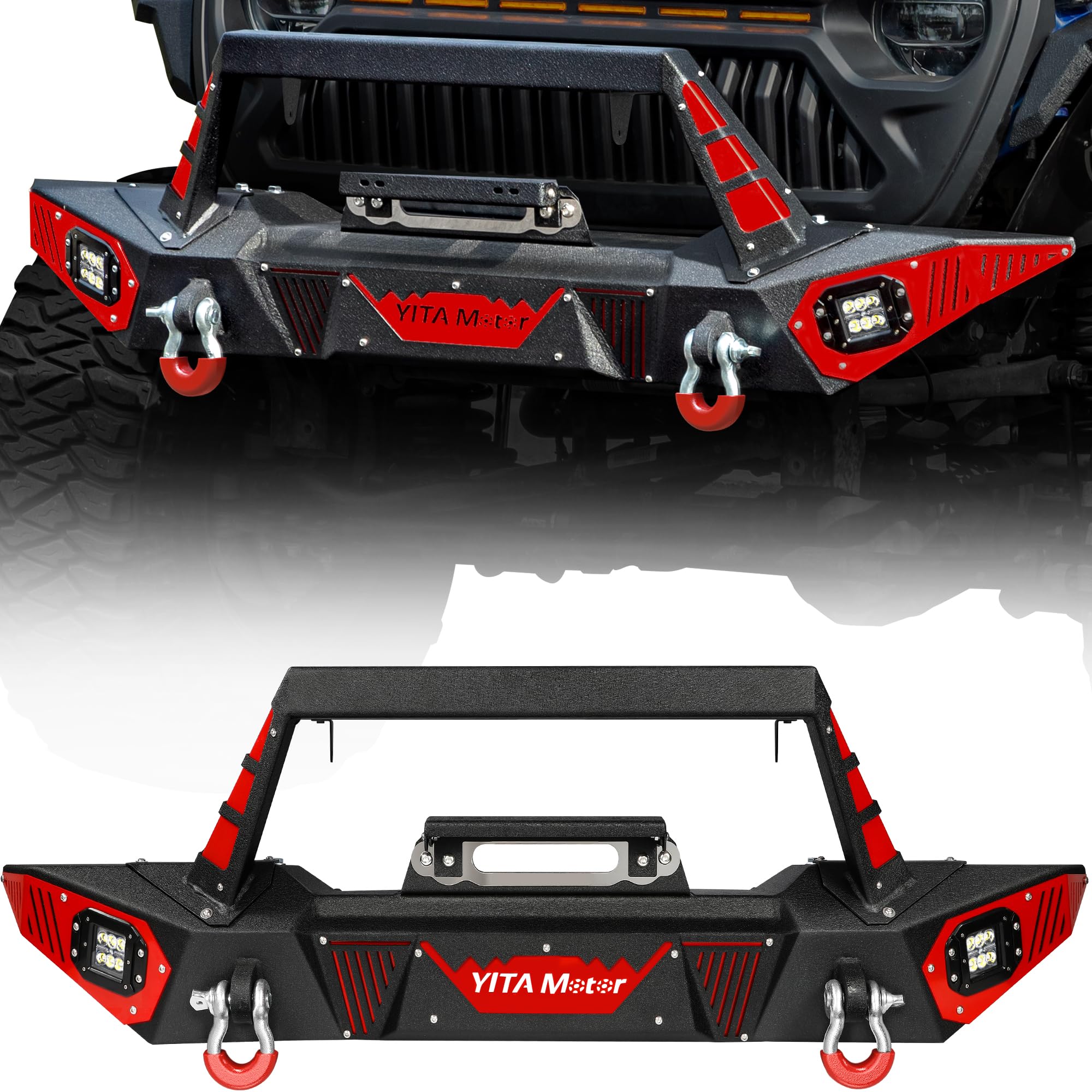 YITAMOTOR Front Bumper for 2018-2025 Jeep Wrangler JL & Unlimited, 2020-2025 Jeep Gladiator JT - Heavy Duty Winch-Ready Bumper with LED Light Mounts, D-Rings & License Plate Bracket | Perfect for Off-Roading, Overlanding & Jeep Modifications