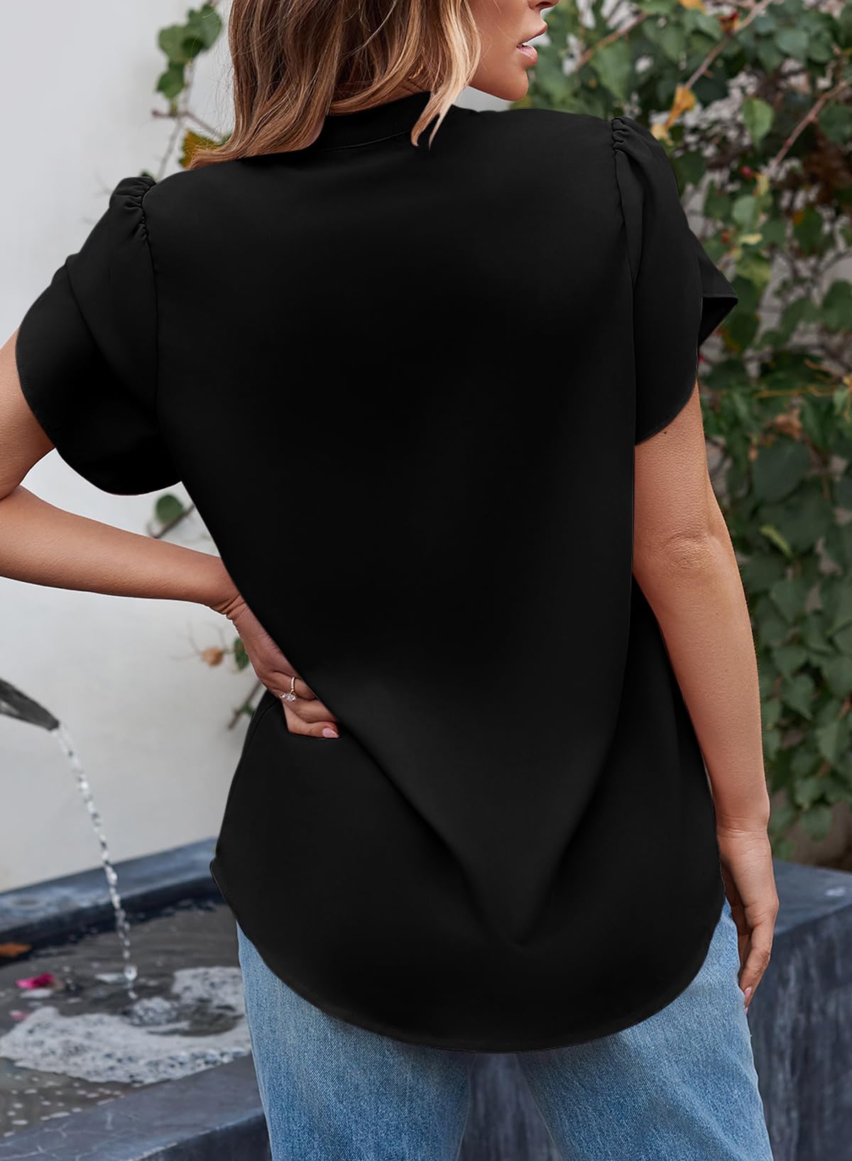 EVALESS Women's Chiffon Blouse V-Neck Petal Sleeve Tops for Work & Summer