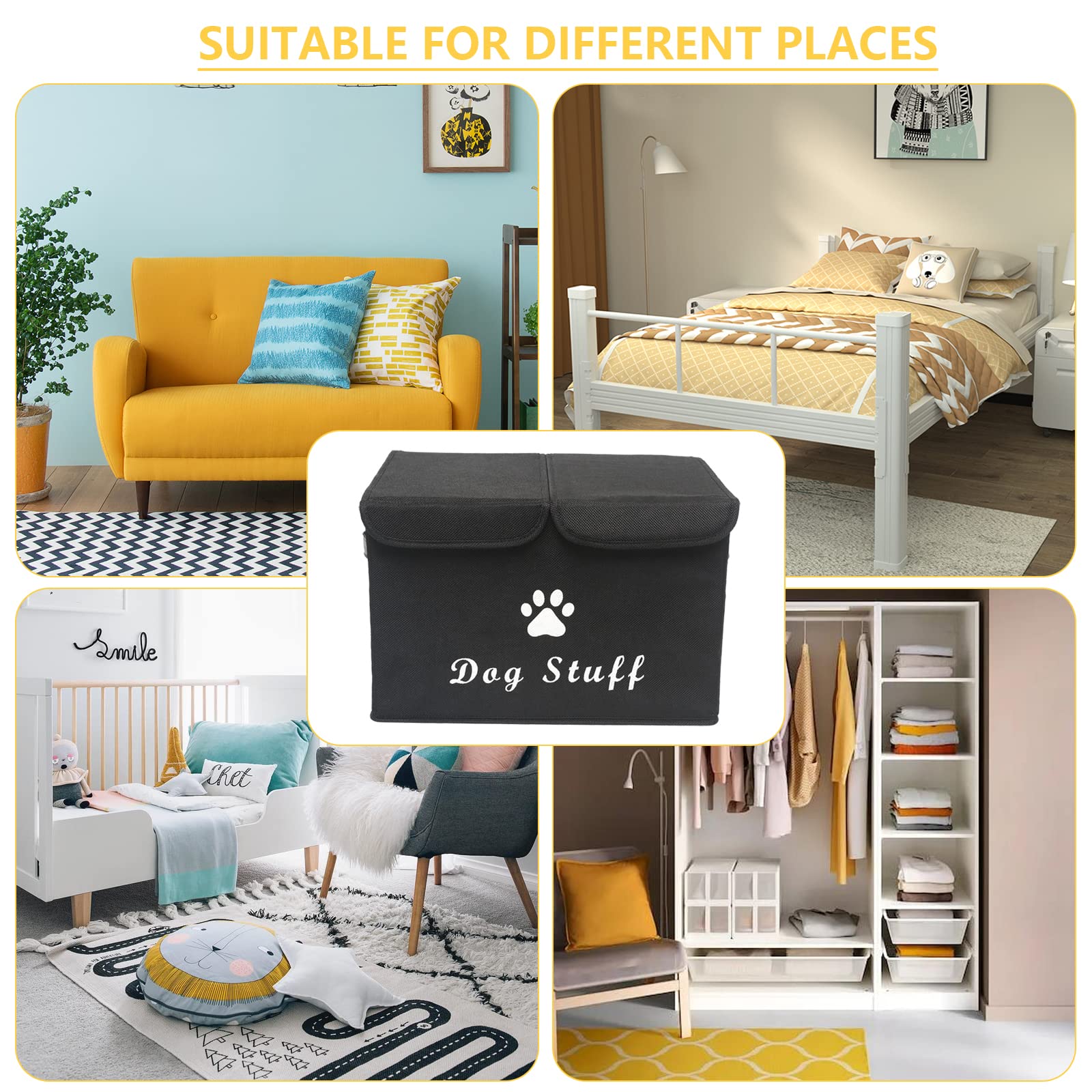Durable Dog Toy Storage Box with Lid - Pet Organizer Basket for Dog Toys - Perfect for Living Room, Playroom & Closet - Home Organization Solution (Black)