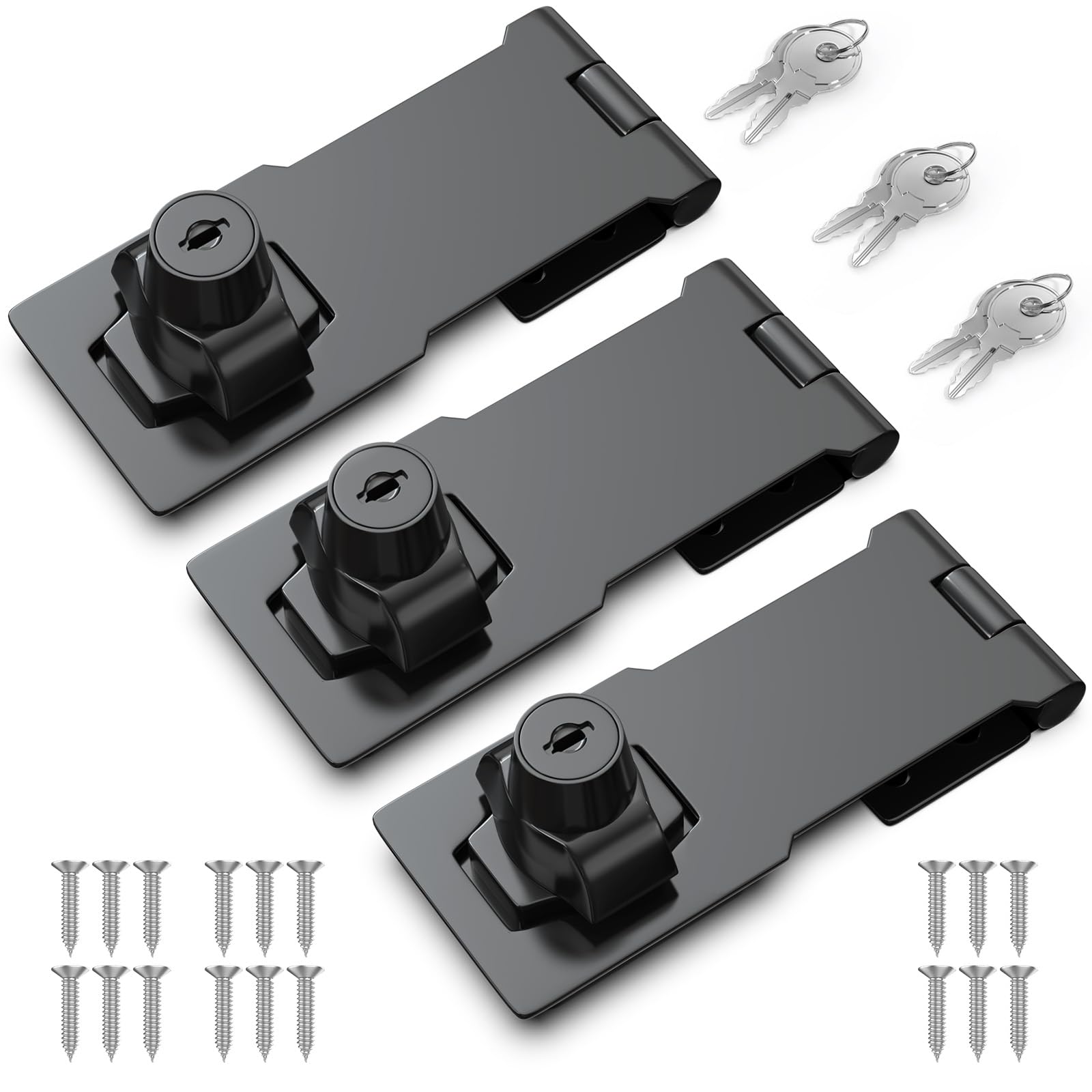 4 Inch Keyed Hasp Locks with Keys - 3 Pack Black Cabinet Locks for Storage, Toolboxes & Sheds - Secure Twist Knob Locking Mechanism