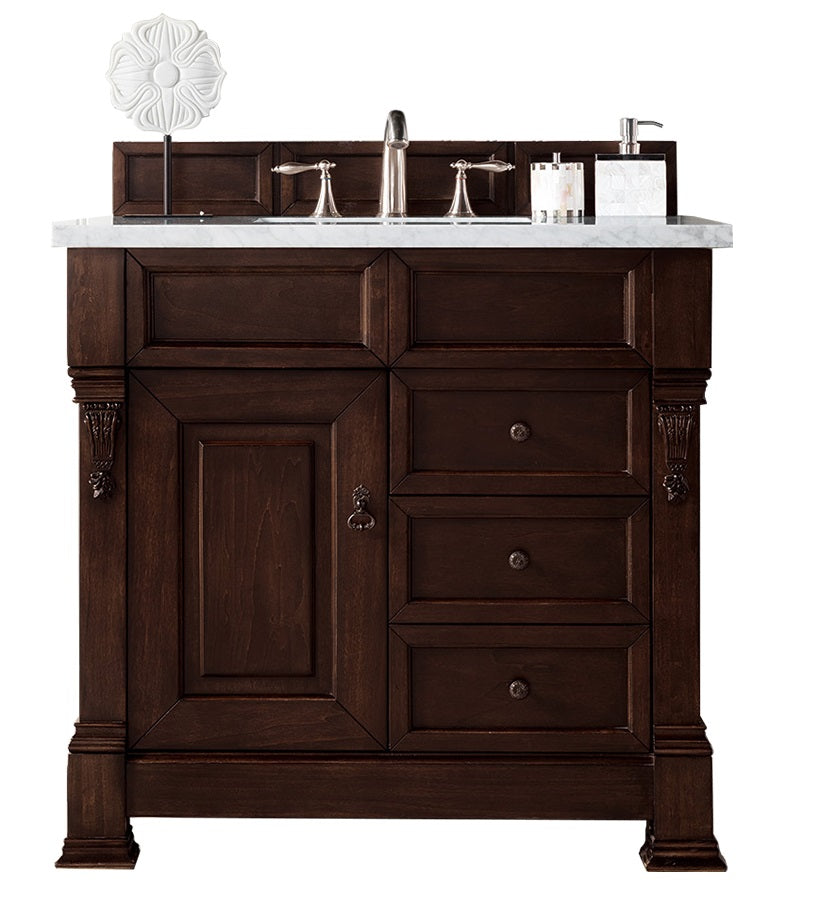 Brookfield 36 Inch Single Bathroom Vanity with Burnished Mahogany Finish & 3CM Arctic Fall Solid Surface Top - Perfect for Modern Home Bathroom Renovation