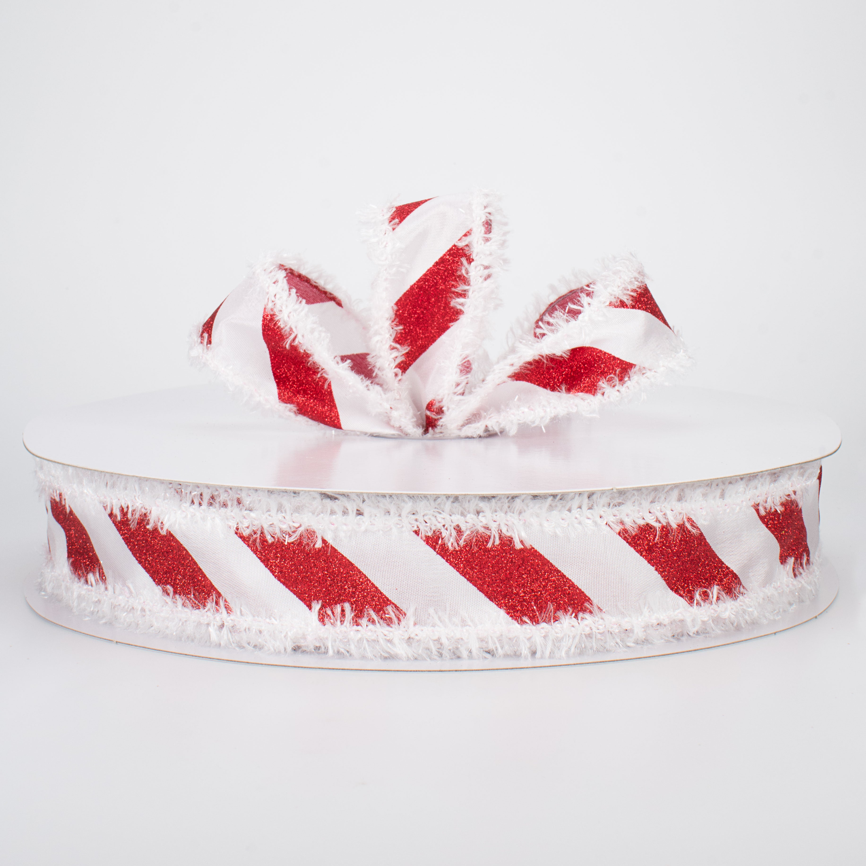 1.5 Inch Fuzzy Edge Glittered Candy Cane Ribbon - 50 Yards Bulk Roll for Christmas Gift Wrapping, DIY Crafts, Holiday Decorations and Party Supplies