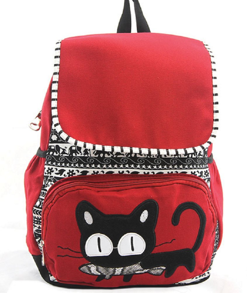 Sleepyville Cat with Fish Backpack Purse - Canvas Tote Bag in Red, White & Black - Cute Pet Carrier for Cats & Small Dogs - Perfect for Travel, Shopping & Daily Use