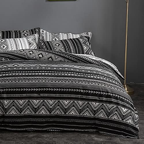 Geometric Boho Duvet Cover Set - Black and White Twin Size Bedding with Zipper Closure, Reversible Quilt Comforter Cover for Kids, Boys & Teens (1 Duvet Cover + 2 Pillow Shams) | Perfect for Boho Bedroom Decor, Teen Room Makeover & Cozy Sleep