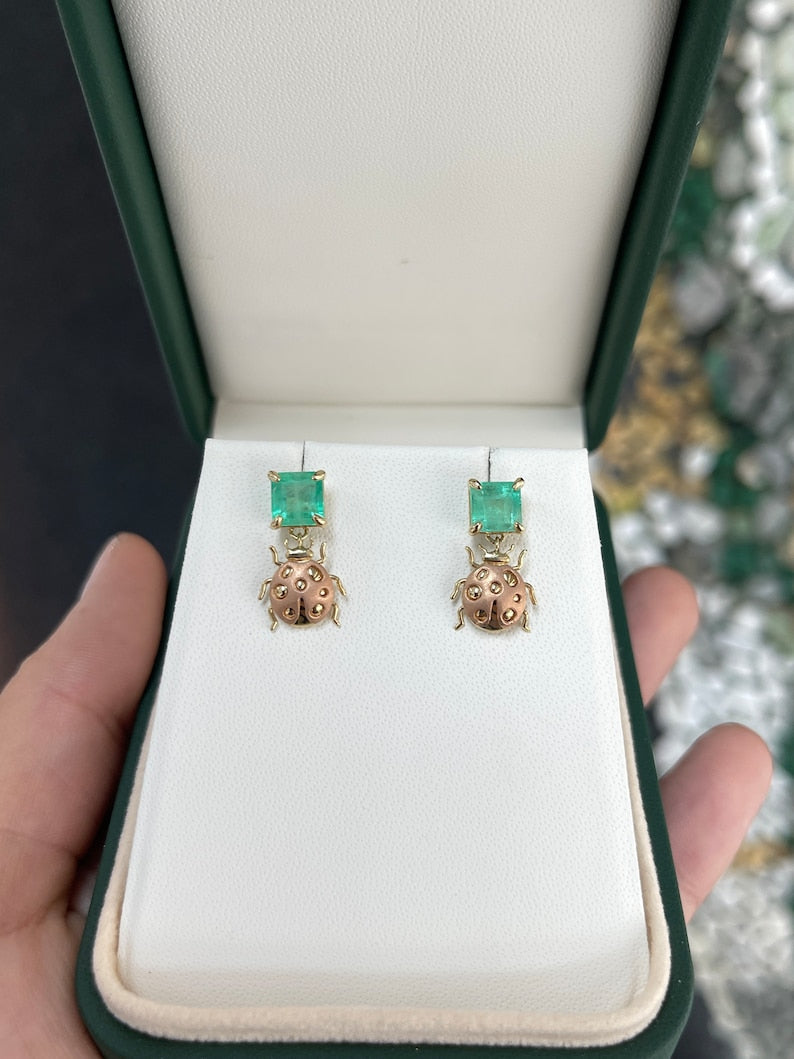 14K Rose Gold Asscher Cut Green Emerald & Lady Bug Dangle Earrings - 2.0tcw, Elegant Jewelry for Women, Perfect for Weddings, Parties & Special Occasions