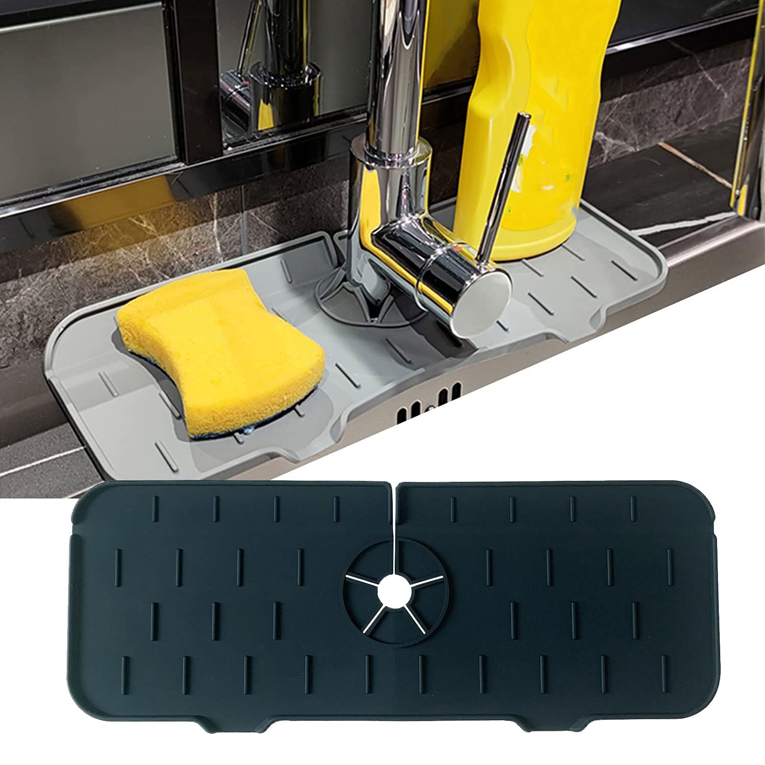 Kitchenguard Silicone Faucet Handle Drip Catcher Tray - Non-Slip Sink Drain Pad, Splash Guard Mat for Kitchen Faucet (Black, 1PC) - Prevents Water Spills & Protects Countertops