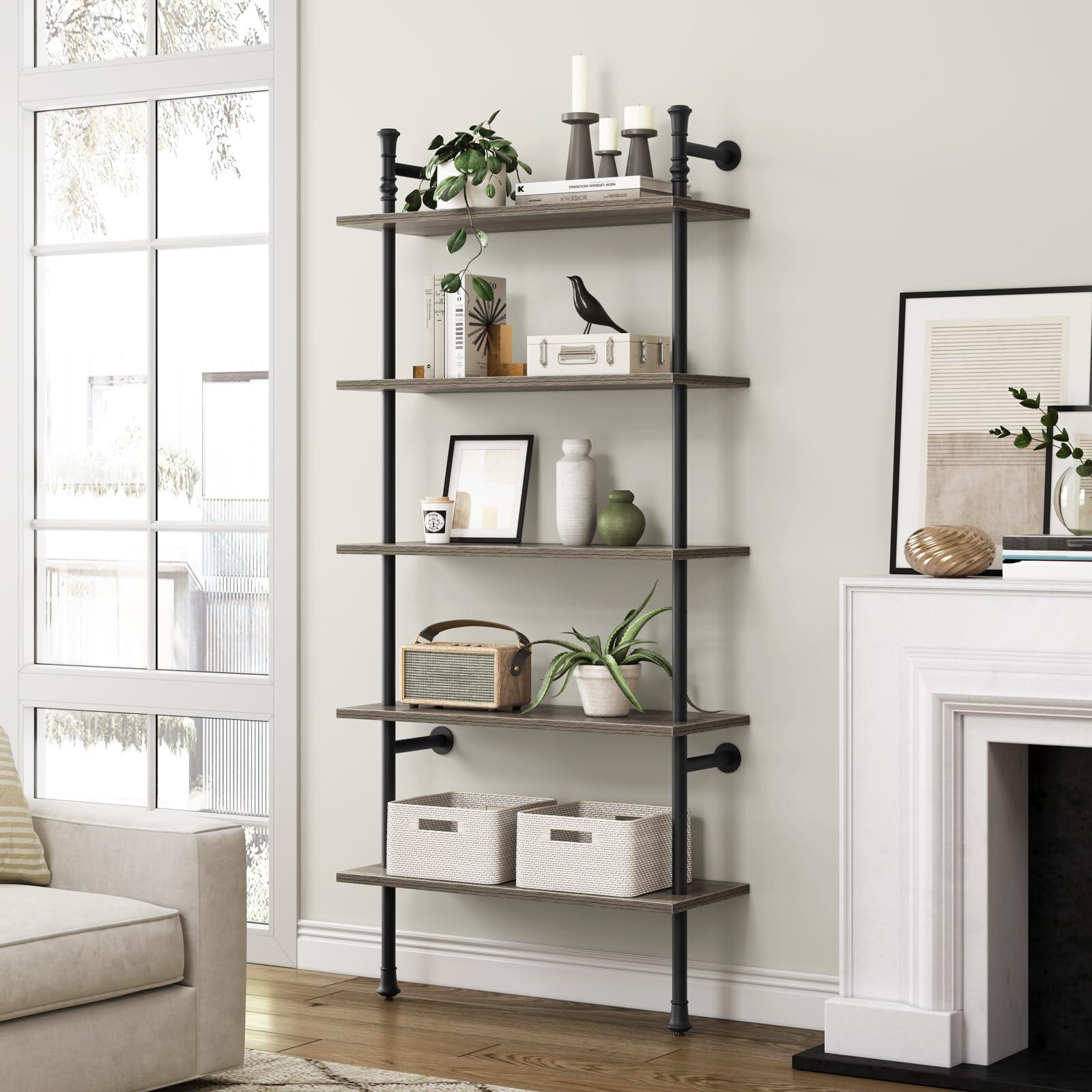 5-Tier Wall Mounted Bookshelf - Industrial Open Display Shelf, Modern Tall Leaning Bookcase for Living Room, Bedroom, Home Office & Kitchen - Oak Gray Finish | Perfect for Organizing Books, Decor & Storage in Small Spaces