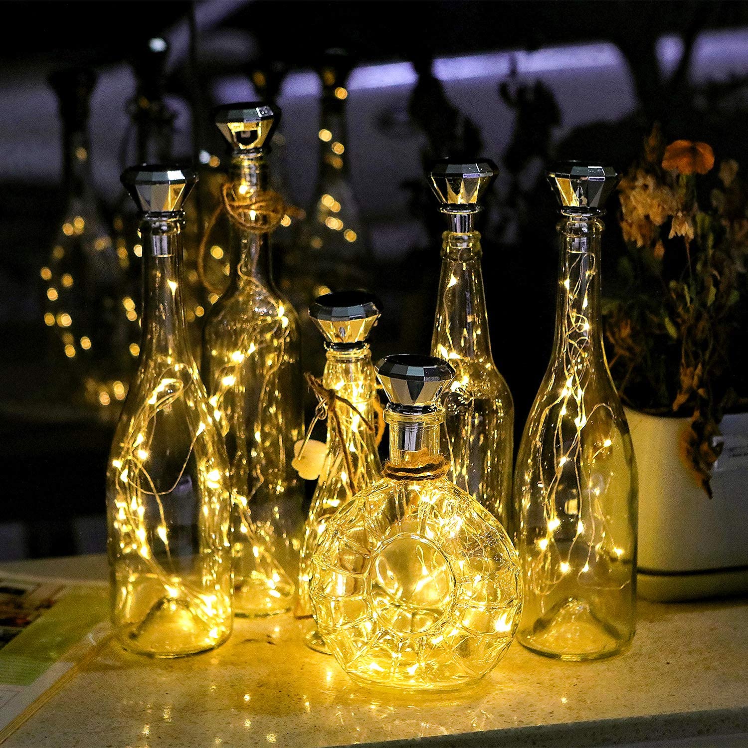 Solar Diamond Wine Bottle Lights - 8 Pack 20 LED Fairy Lights for Wedding Party Decor, Outdoor Waterproof - Perfect for Garden & Home Decor