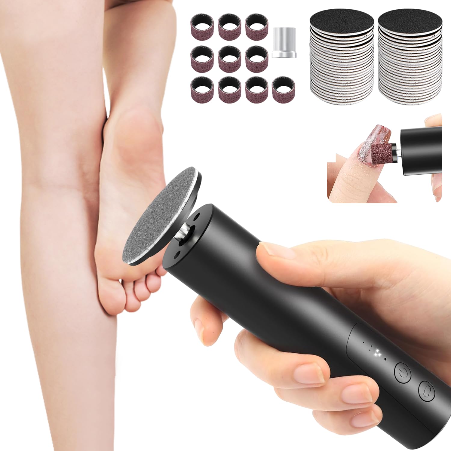 Electric Foot Callus Remover & Nail Grinder - 2 in 1 Rechargeable Foot File with 6 Speed Settings & 2 Mode Disc Sandpaper - Professional Pedicure Tool for Dry Dead Skin Removal - Perfect for Home Pedicures, Salon Use & Foot Care Routines
