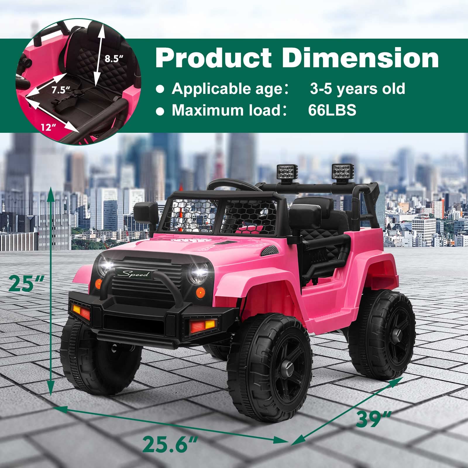 **12V Kids Ride on Car Truck - Electric Toy Car with Parent Remote Control, Spring Suspension & LED Lights - Safe for Toddlers (Pink) - Perfect for Outdoor Play & Birthday Gifts**